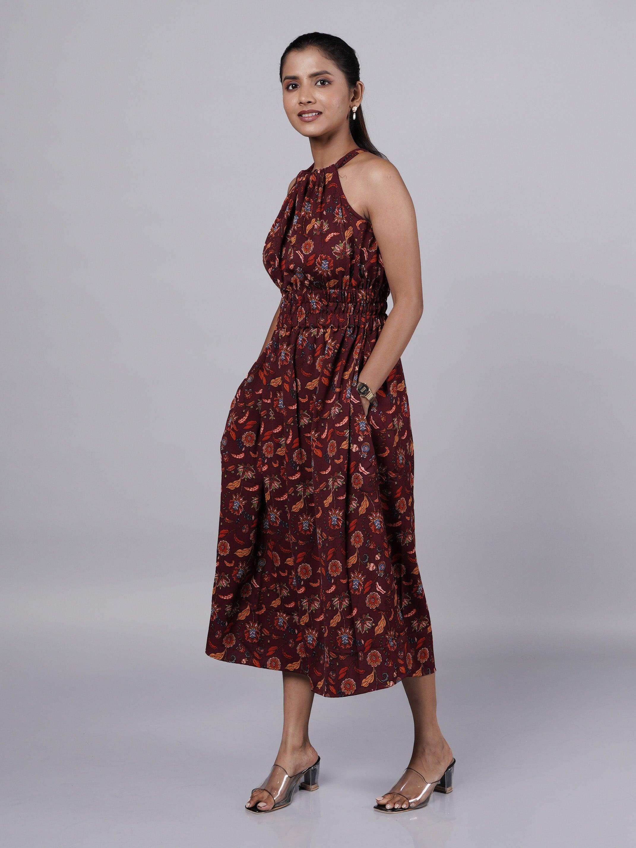 Dobby Printed Maroon A Line Dress FRENCH THEORY