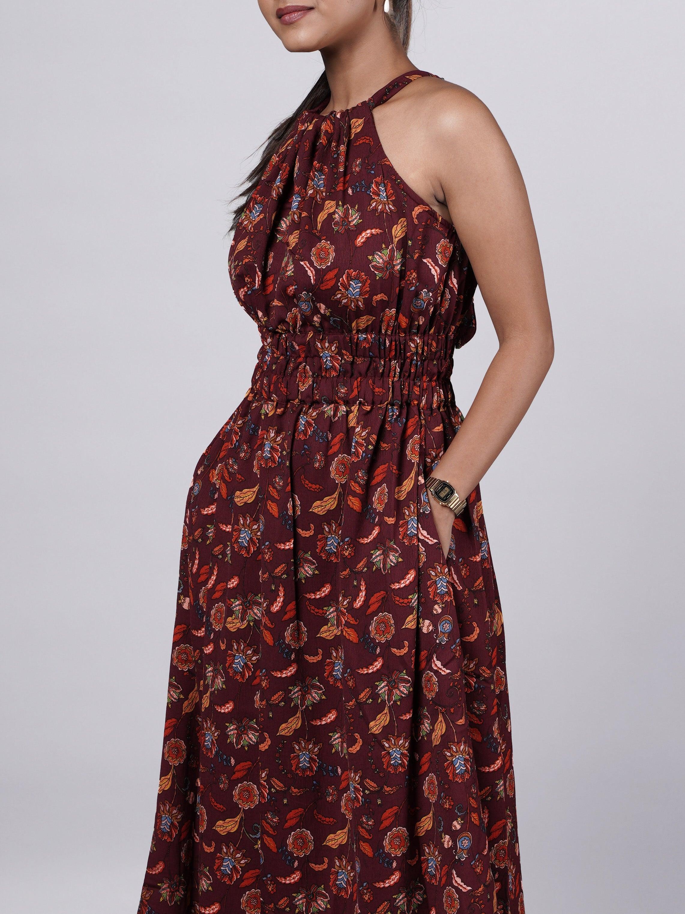 Dobby Printed Maroon A Line Dress FRENCH THEORY