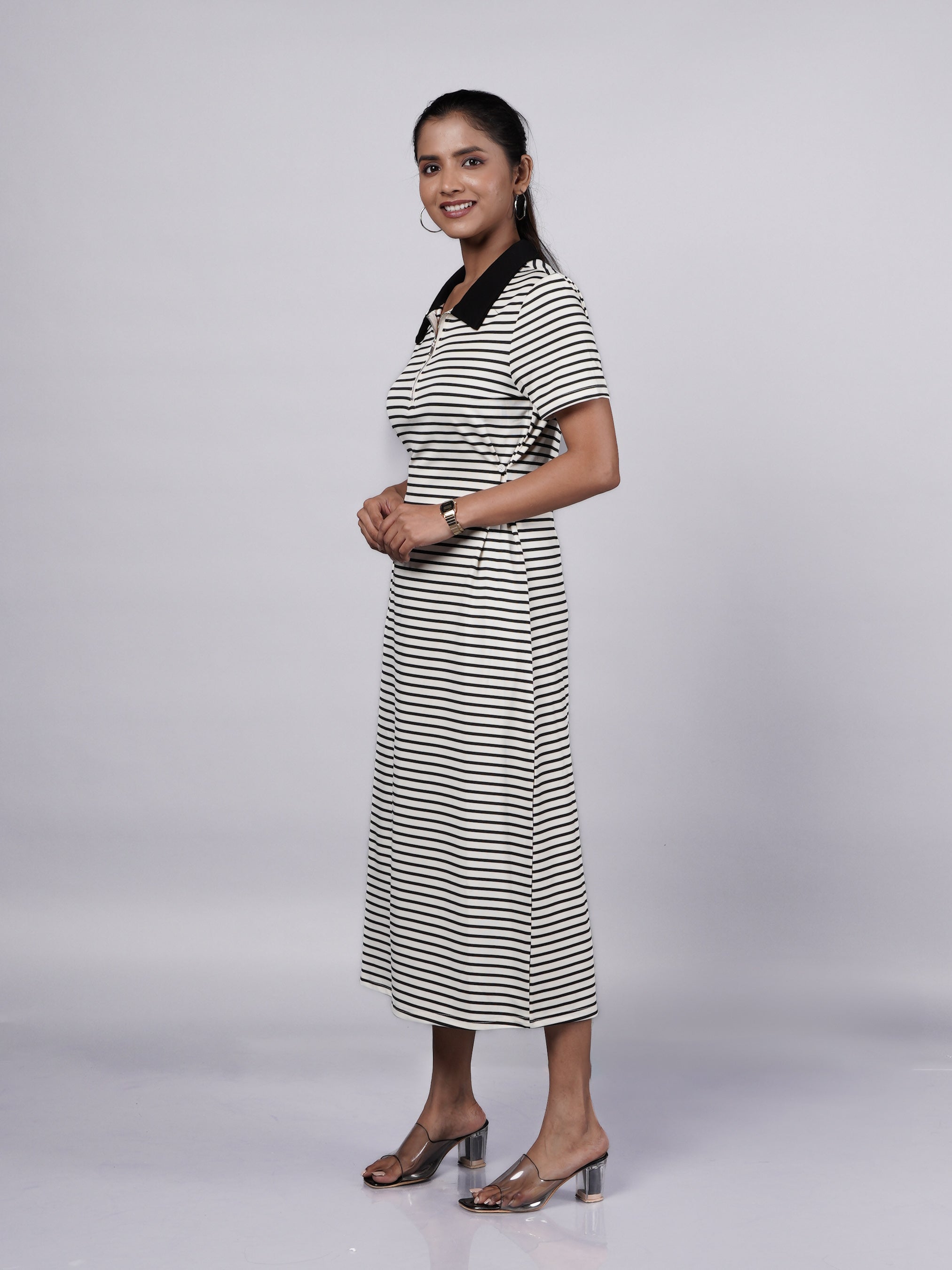 White Stripe Dress with Adjustable Waist