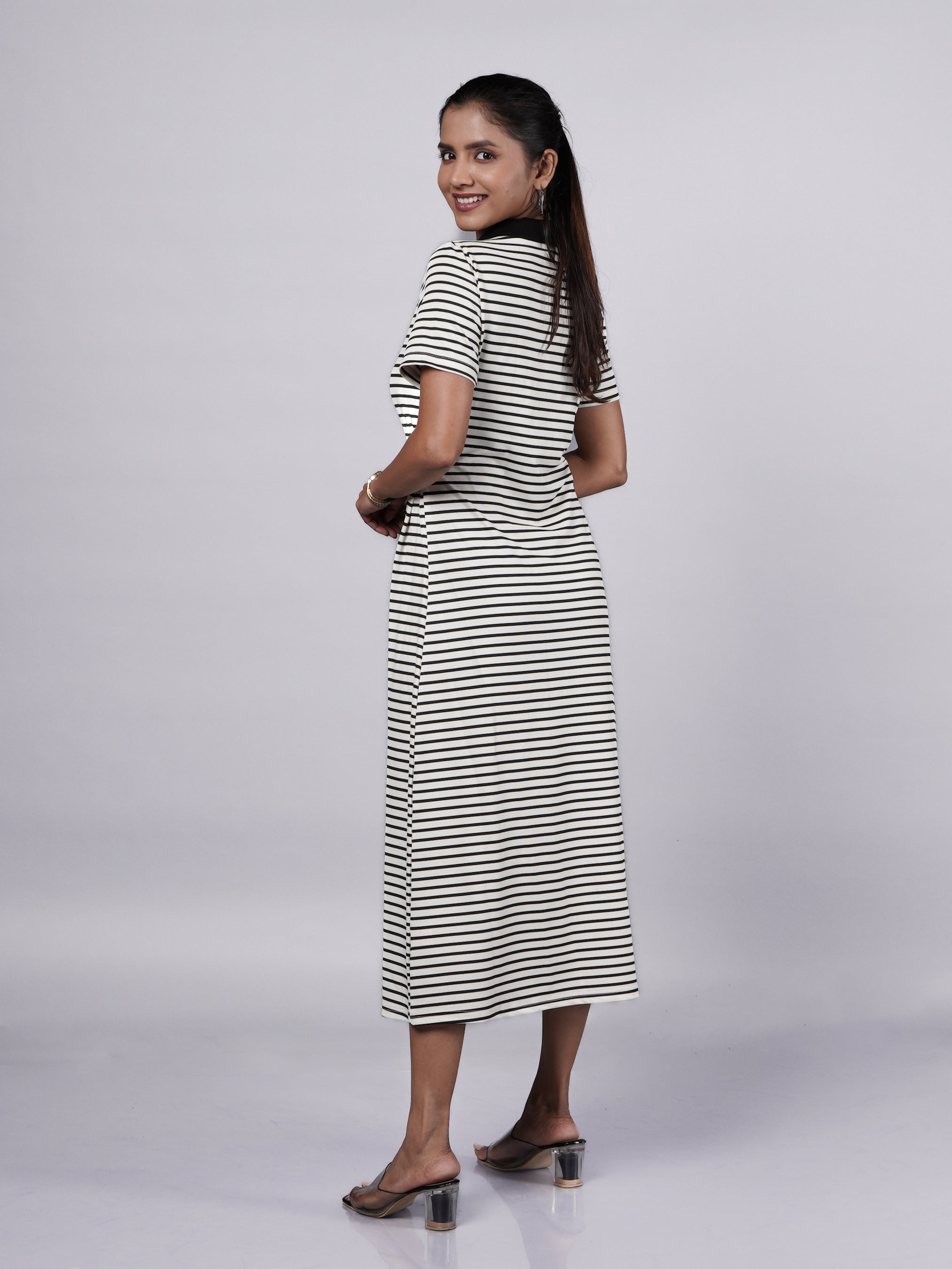 White Stripe Dress with Adjustable Waist