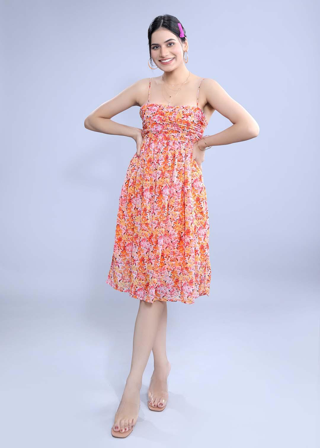 Printed Chiffon Gathered Dress FRENCH THEORY