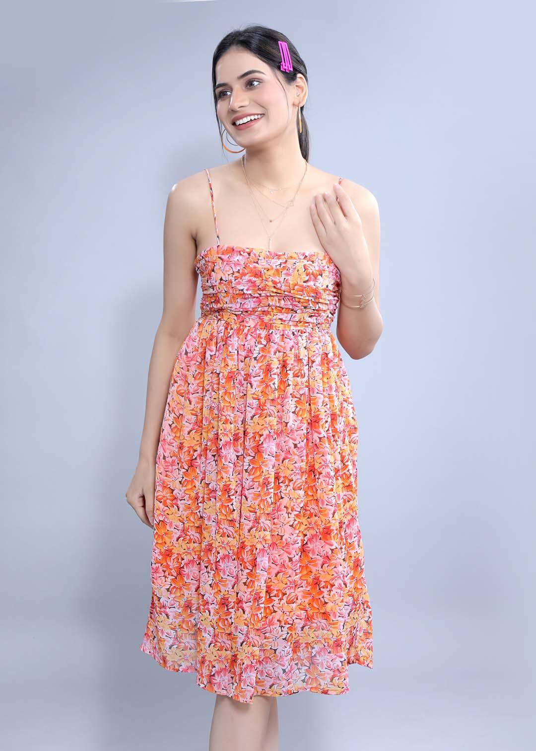 Printed Chiffon Gathered Dress FRENCH THEORY