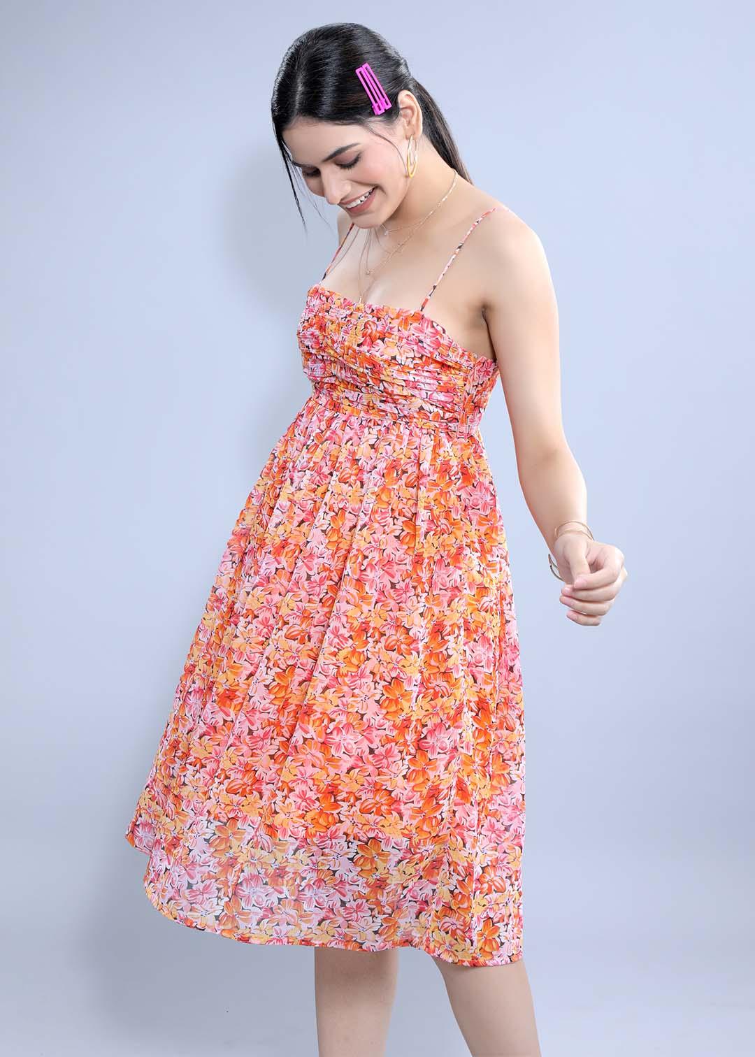 Printed Chiffon Gathered Dress FRENCH THEORY