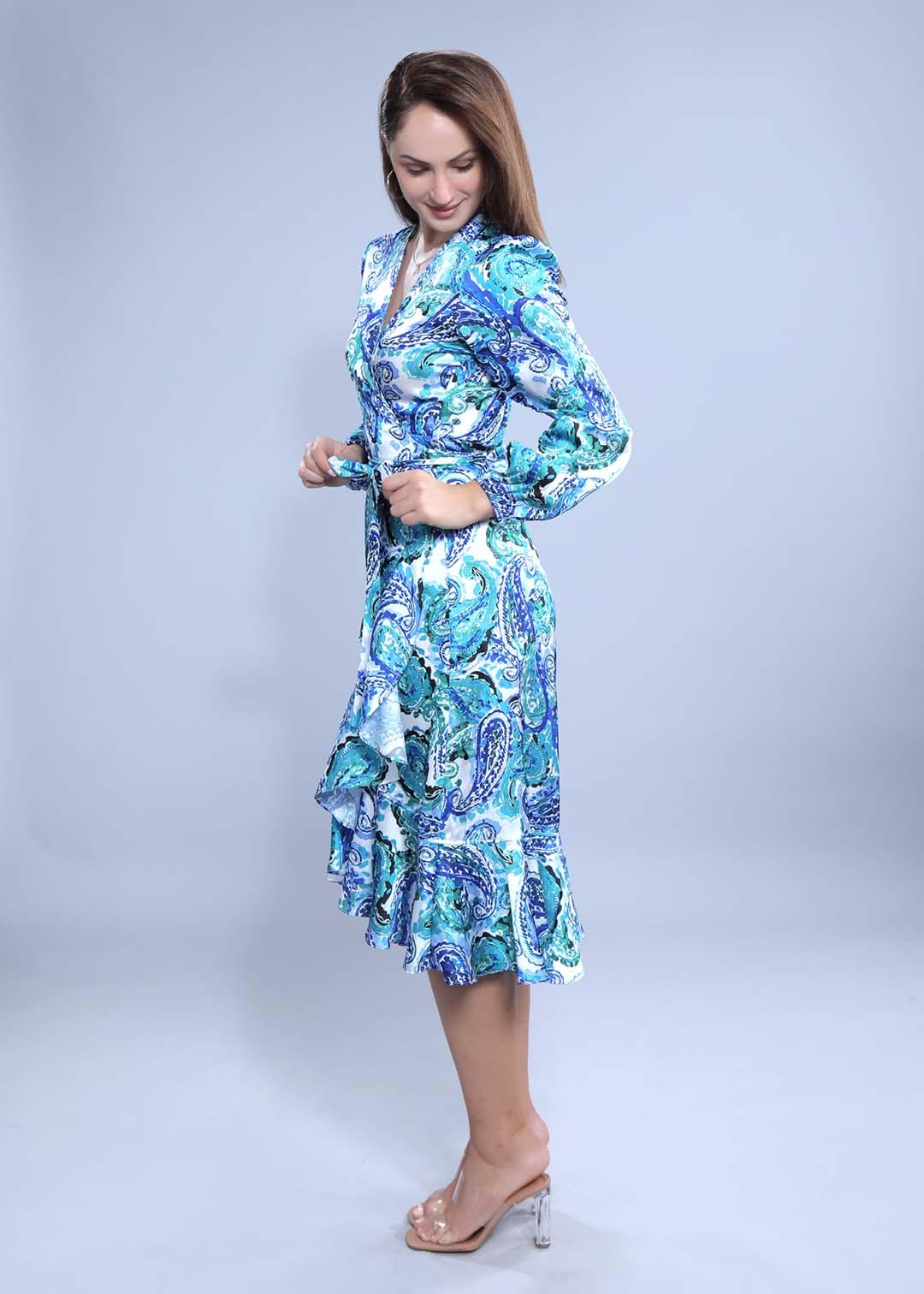 Satin Printed A-Line Wrap Around Dress FRENCH THEORY