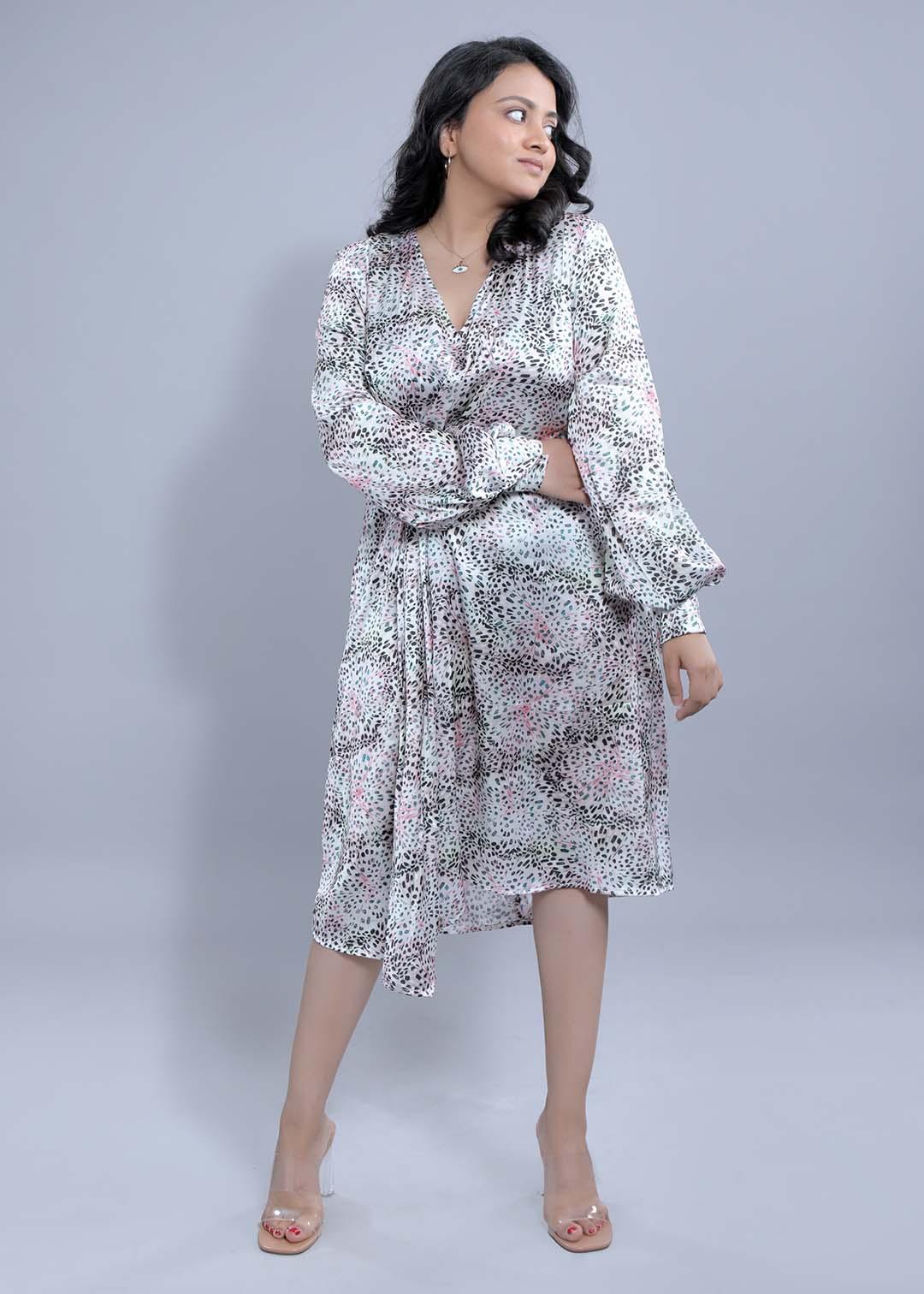 Pearl White Printed Long Puff Sleeve Dress FRENCH THEORY