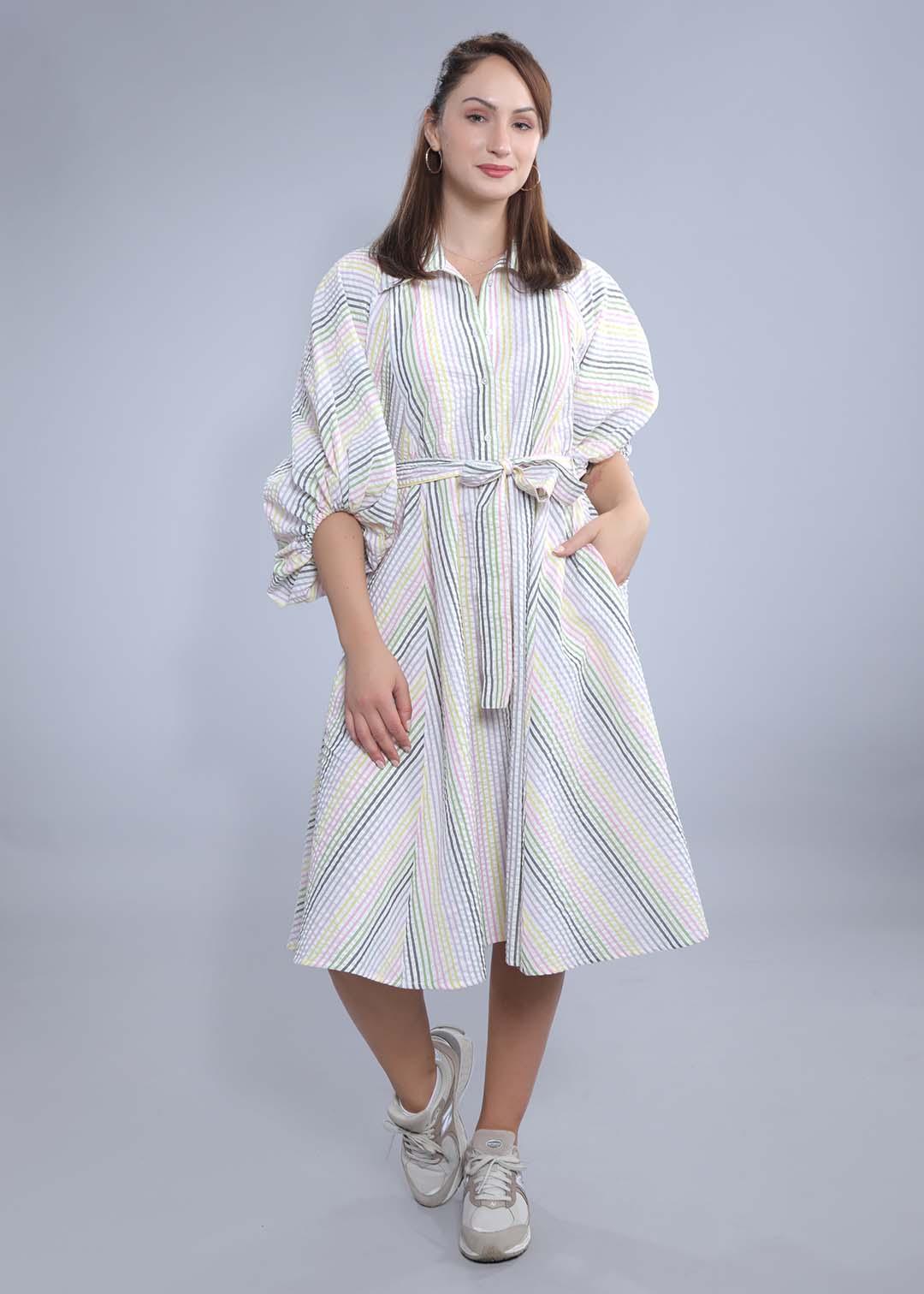 White Seer Sucker Stripe A-Line Dress FRENCH THEORY