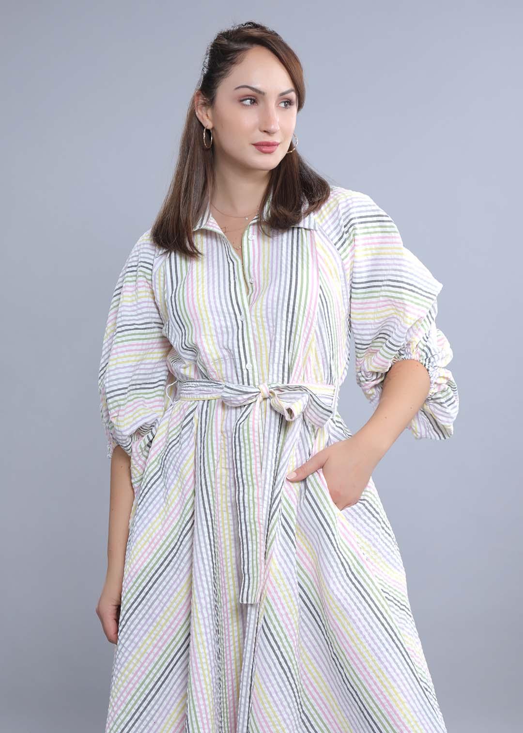 White Seer Sucker Stripe A-Line Dress FRENCH THEORY