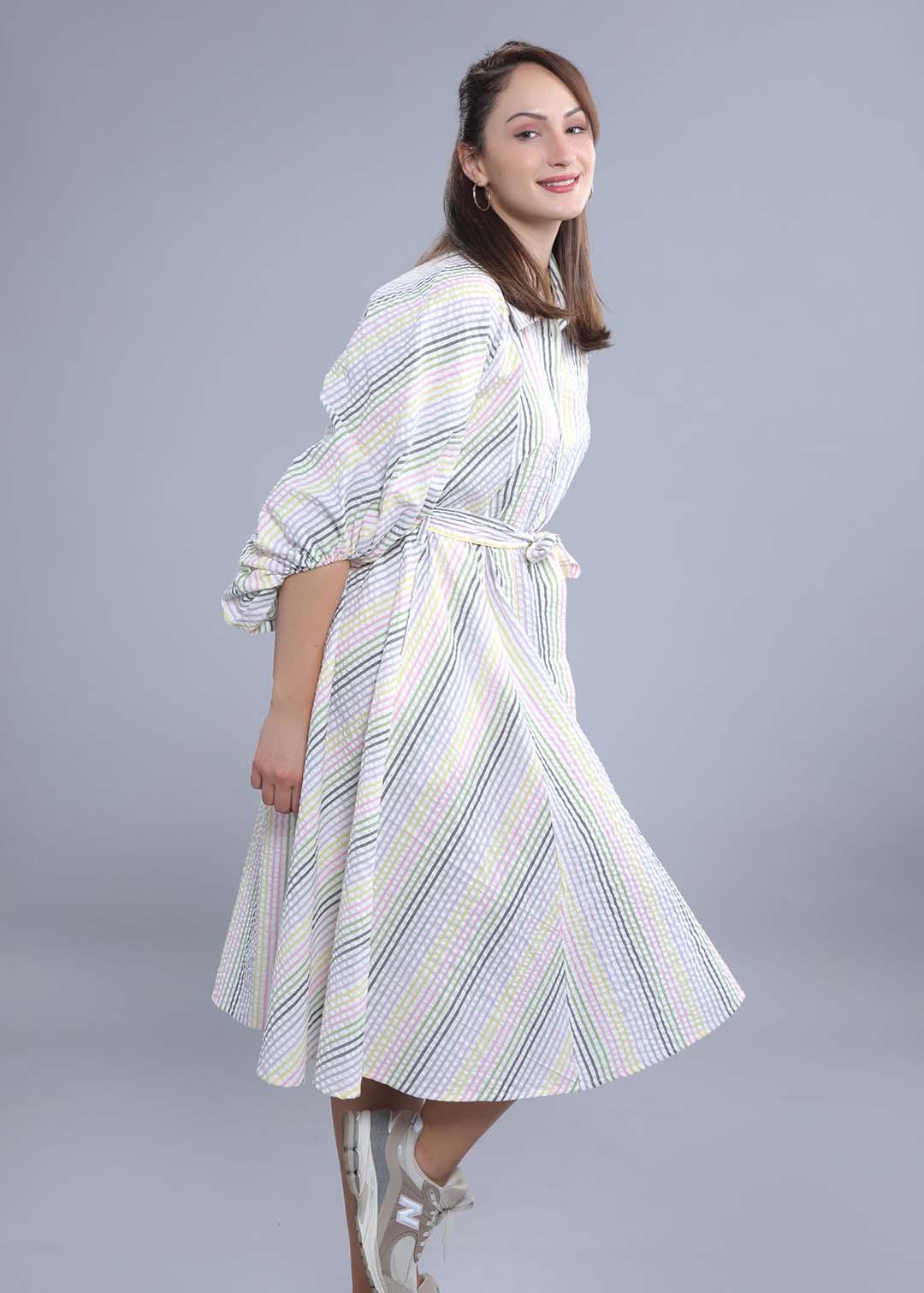 White Seer Sucker Stripe A-Line Dress FRENCH THEORY