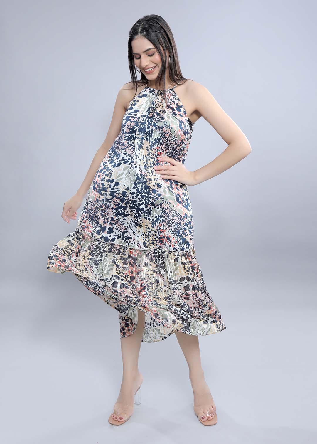 Off- White Crushed Satin Printed A-Line Dress FRENCH THEORY