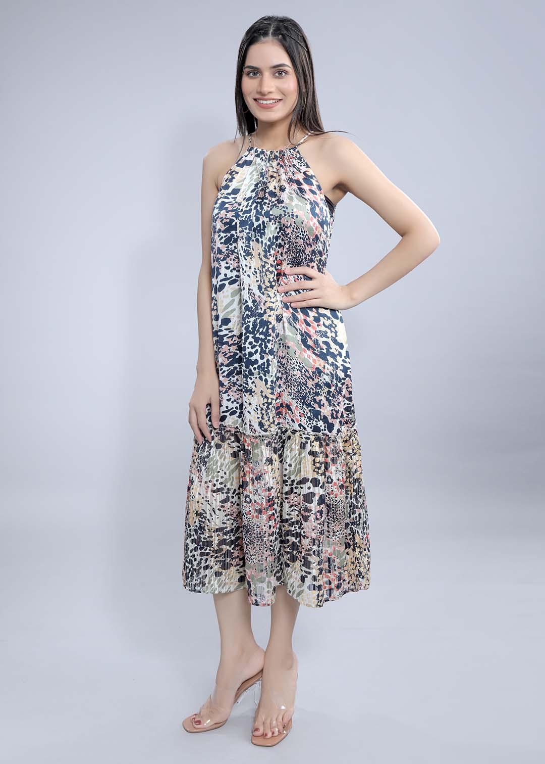 Off- White Crushed Satin Printed A-Line Dress FRENCH THEORY