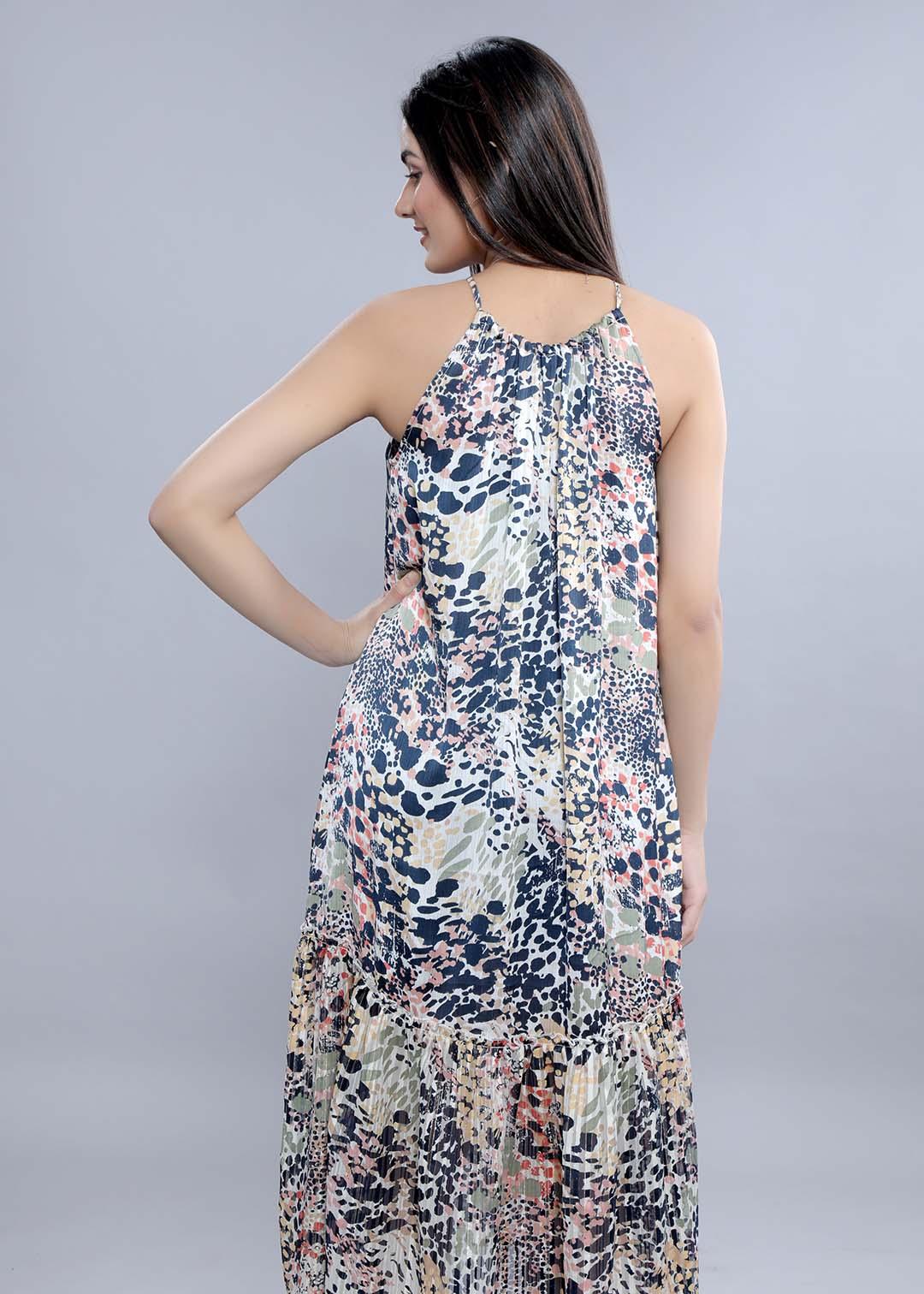 Off- White Crushed Satin Printed A-Line Dress FRENCH THEORY