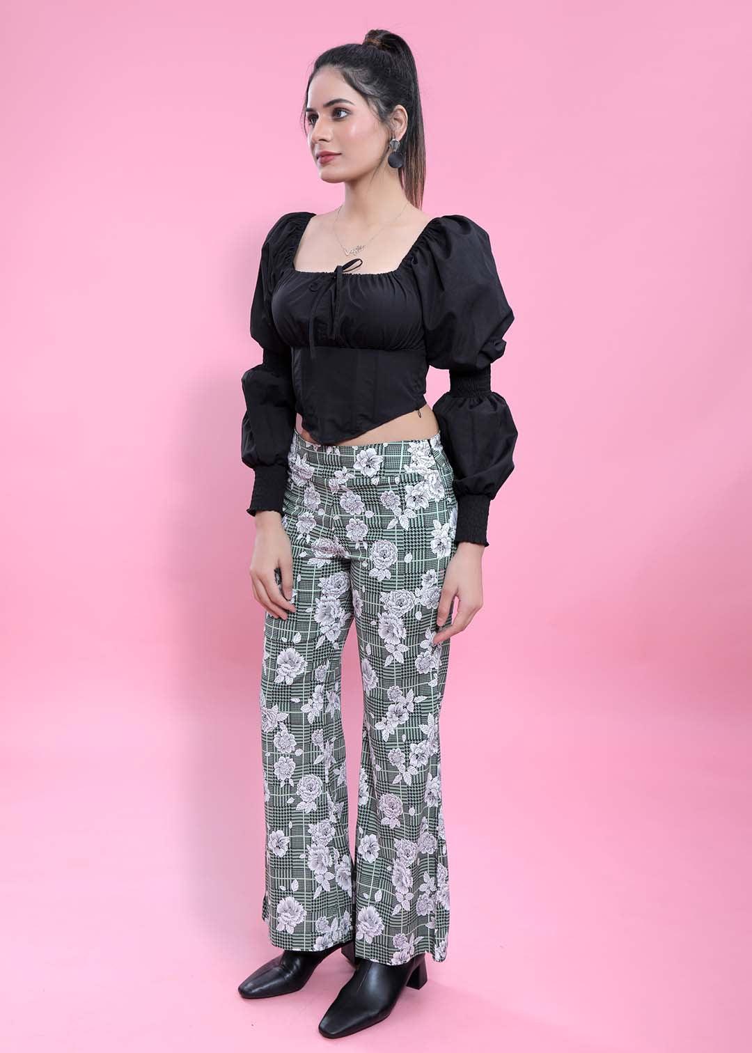 Olive Green Printed Bootcut Pant FRENCH THEORY