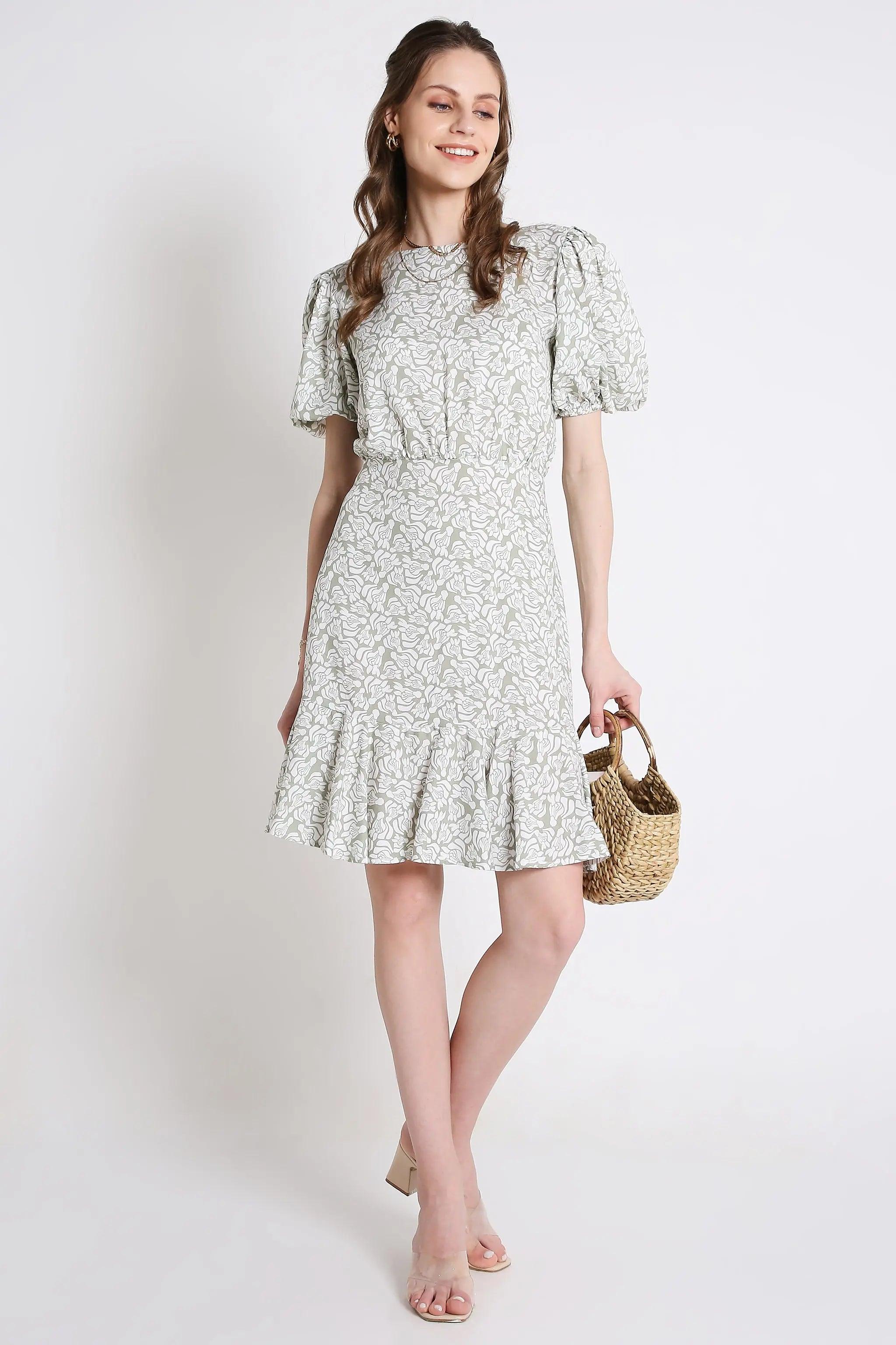 Printed Short Dress with Balloon Short Sleeve FRENCH THEORY