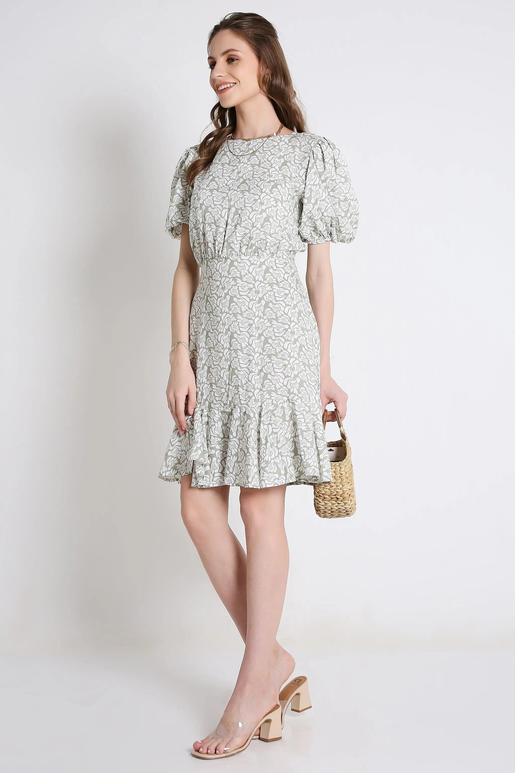 Printed Short Dress with Balloon Short Sleeve FRENCH THEORY