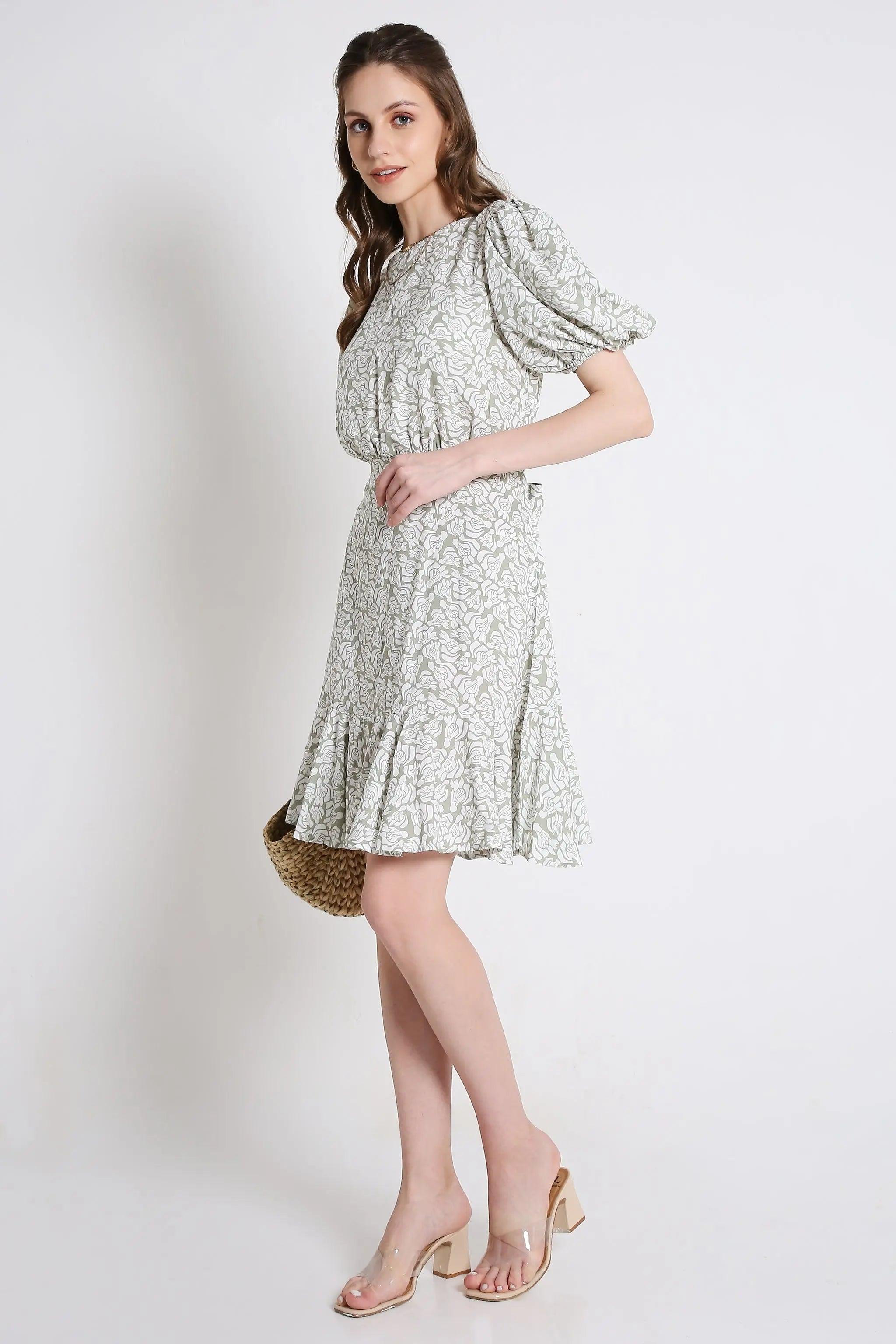 Printed Short Dress with Balloon Short Sleeve FRENCH THEORY