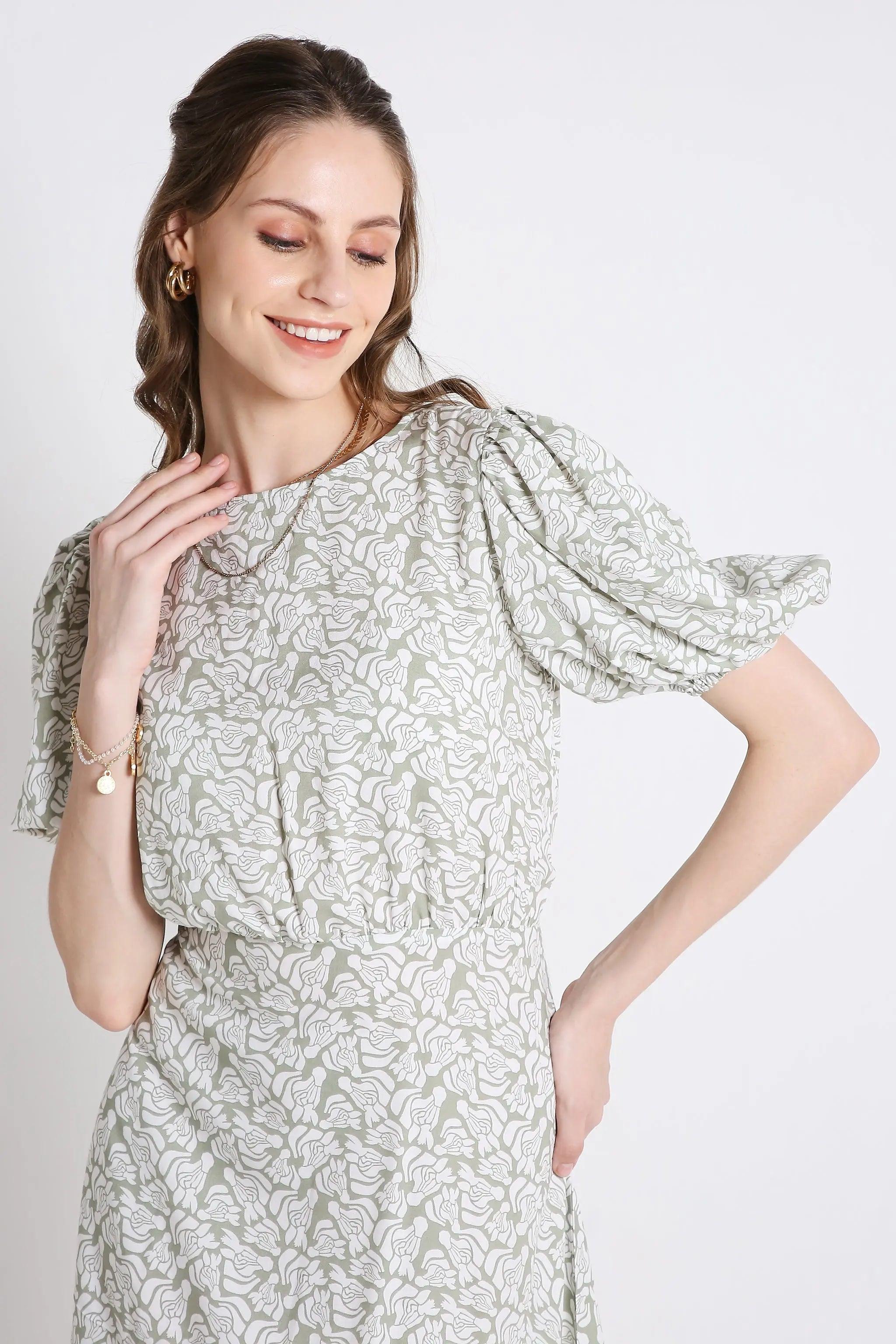 Printed Short Dress with Balloon Short Sleeve FRENCH THEORY