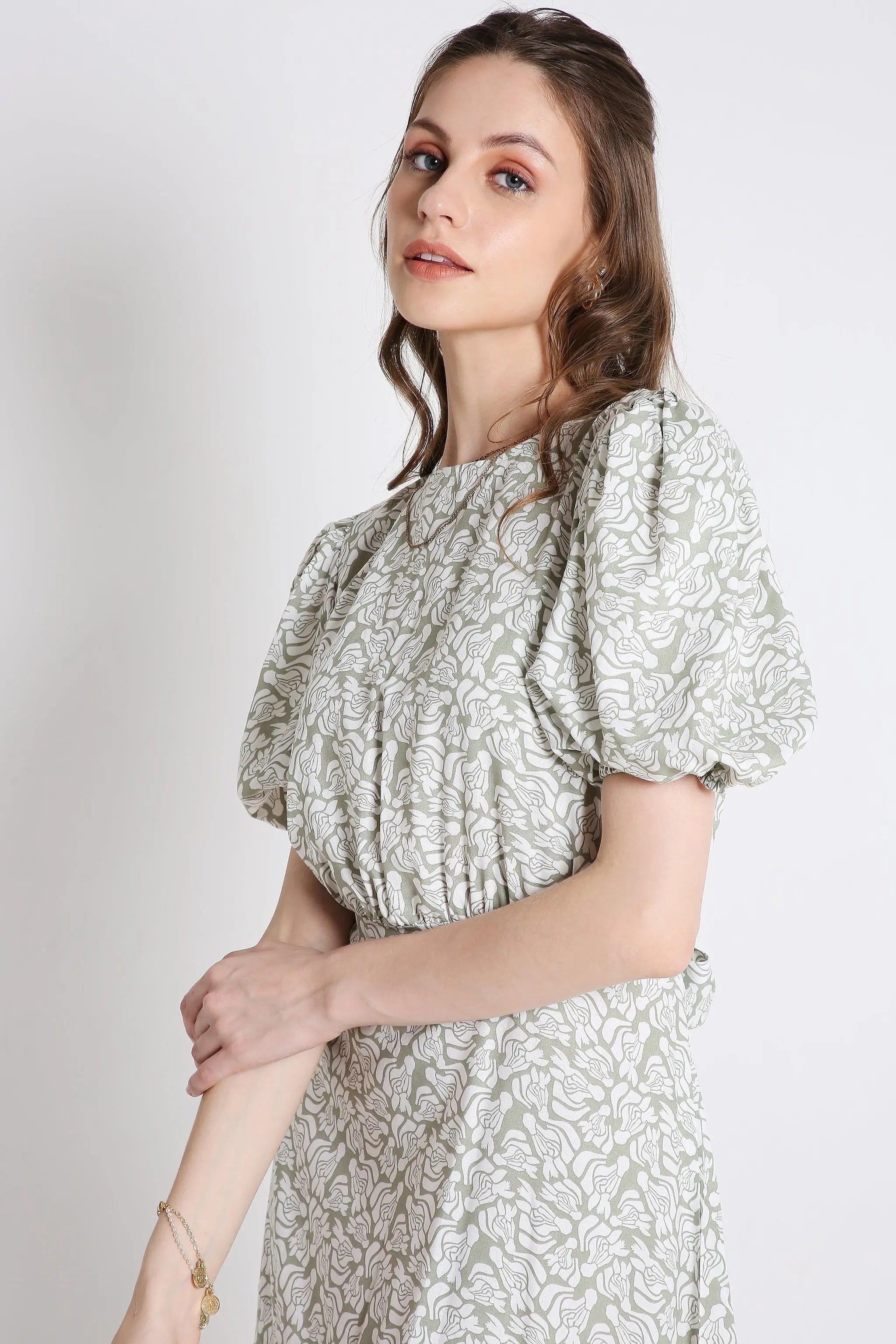 Printed Short Dress with Balloon Short Sleeve FRENCH THEORY