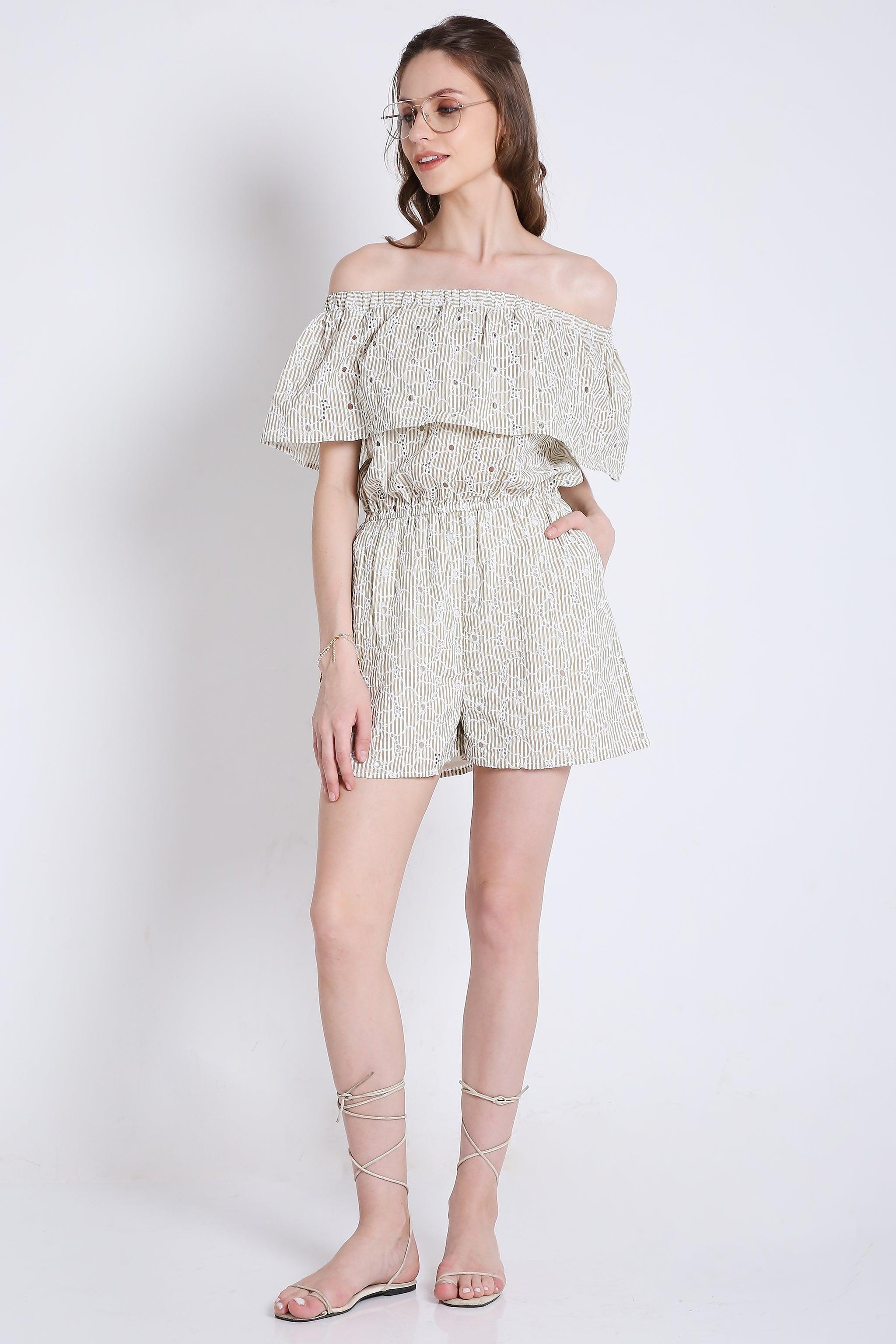 Off-Shoulder Playsuit with Stripes & Schiffli Embroidery Detail FRENCH THEORY