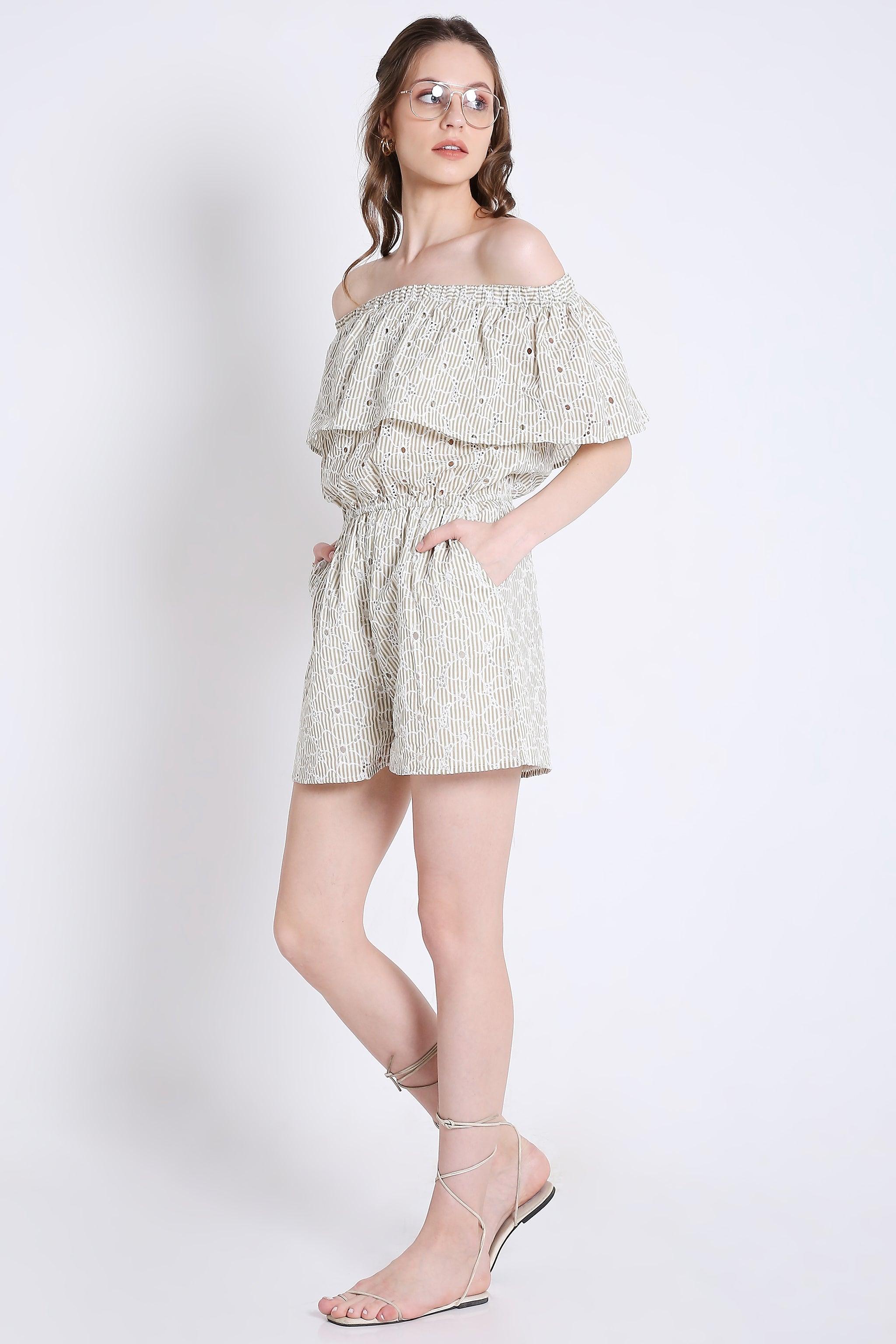 Off-Shoulder Playsuit with Stripes & Schiffli Embroidery Detail FRENCH THEORY