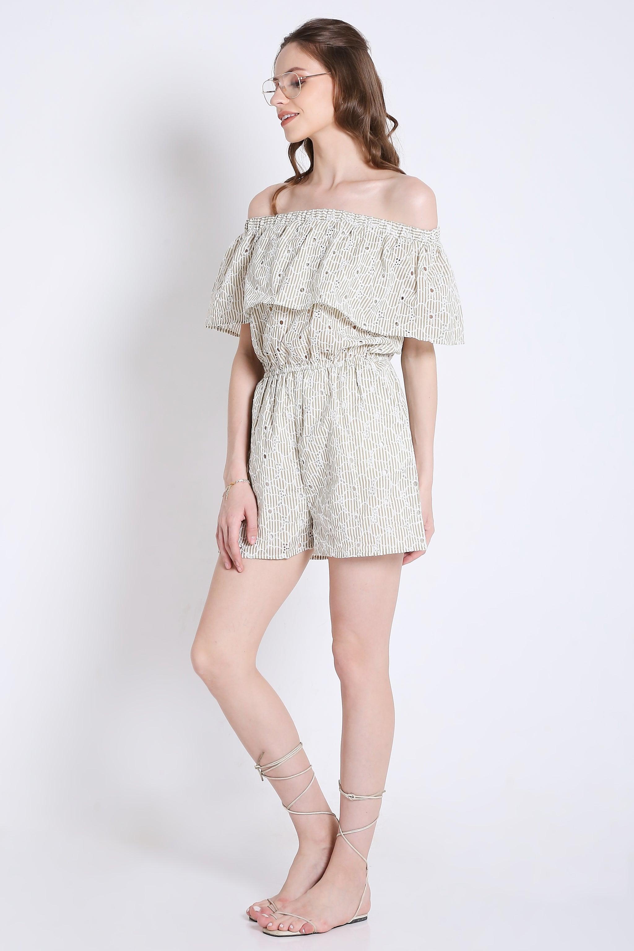 Off-Shoulder Playsuit with Stripes & Schiffli Embroidery Detail FRENCH THEORY