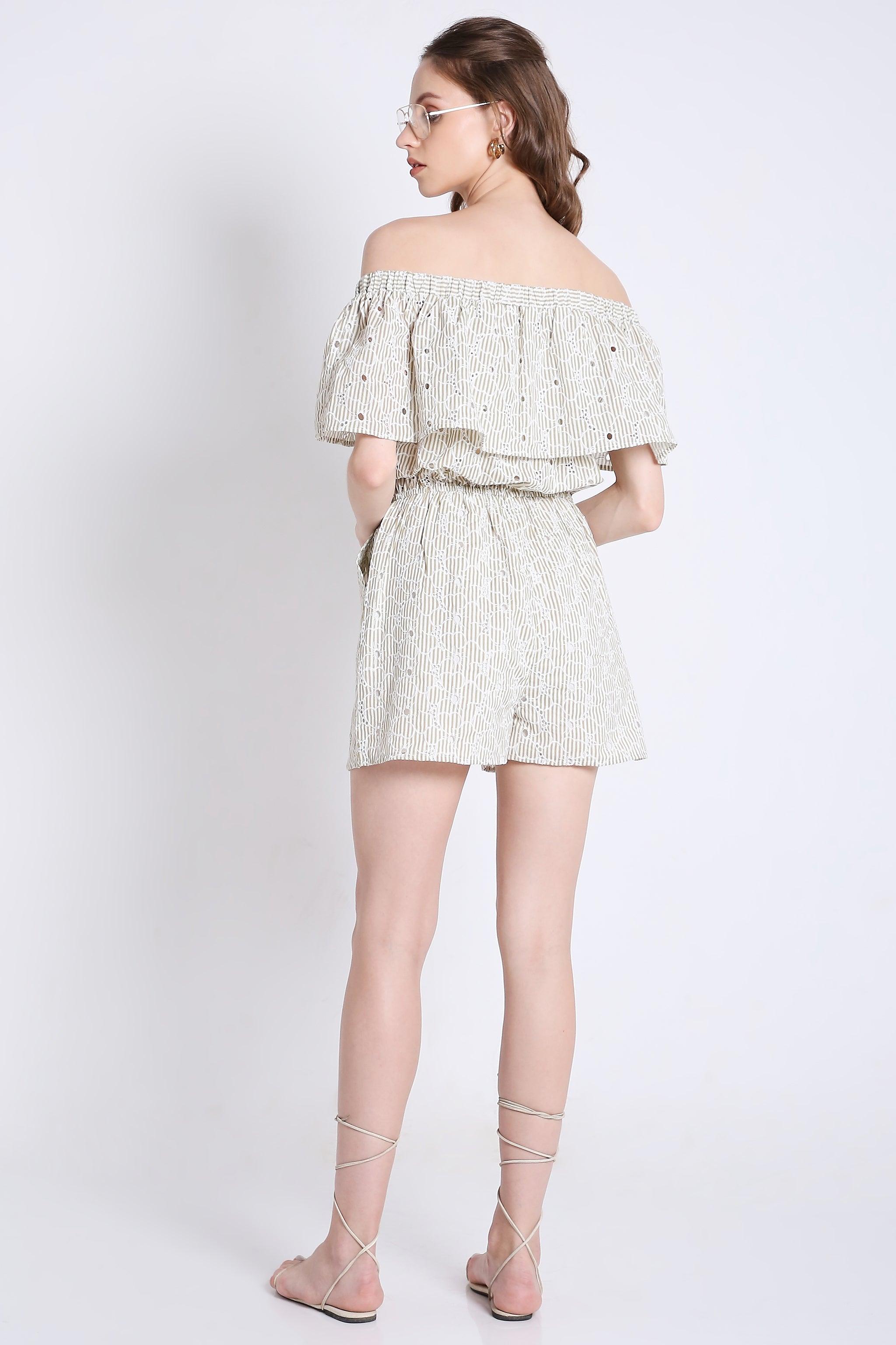 Off-Shoulder Playsuit with Stripes & Schiffli Embroidery Detail FRENCH THEORY