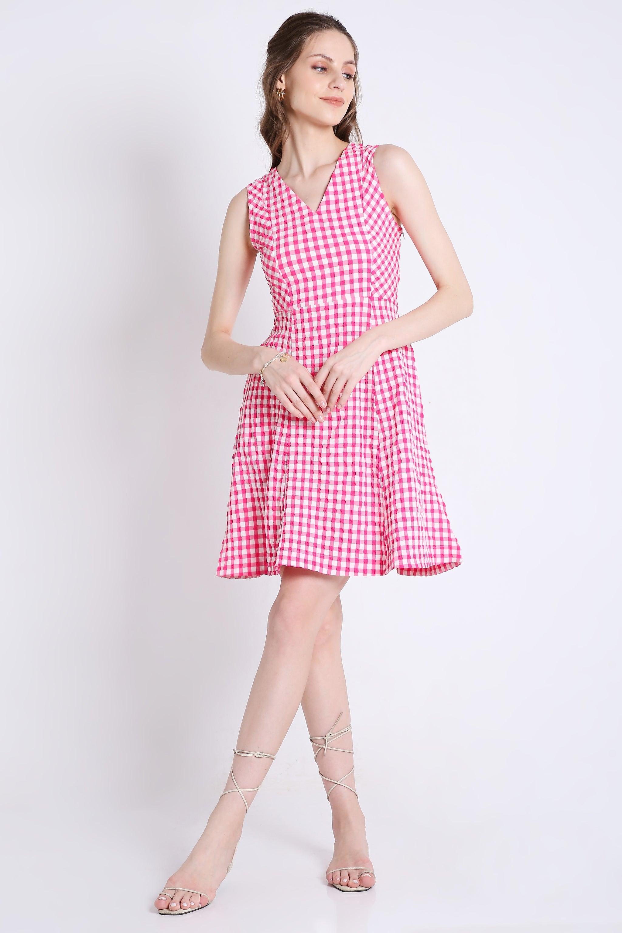 Checks Short Fit & Flared Sleeveless Dress FRENCH THEORY