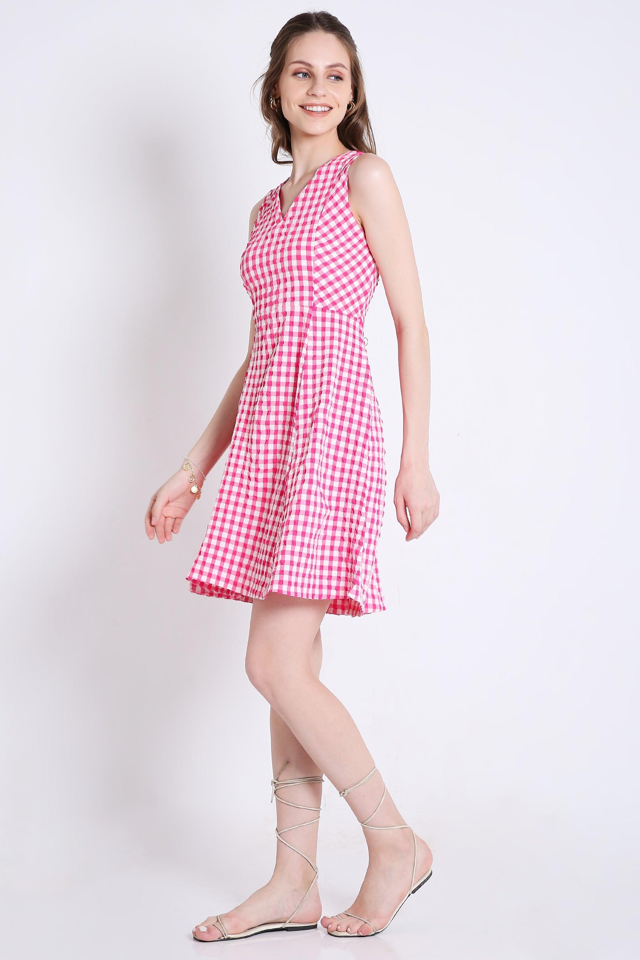 Checks Short Fit & Flared Sleeveless Dress FRENCH THEORY