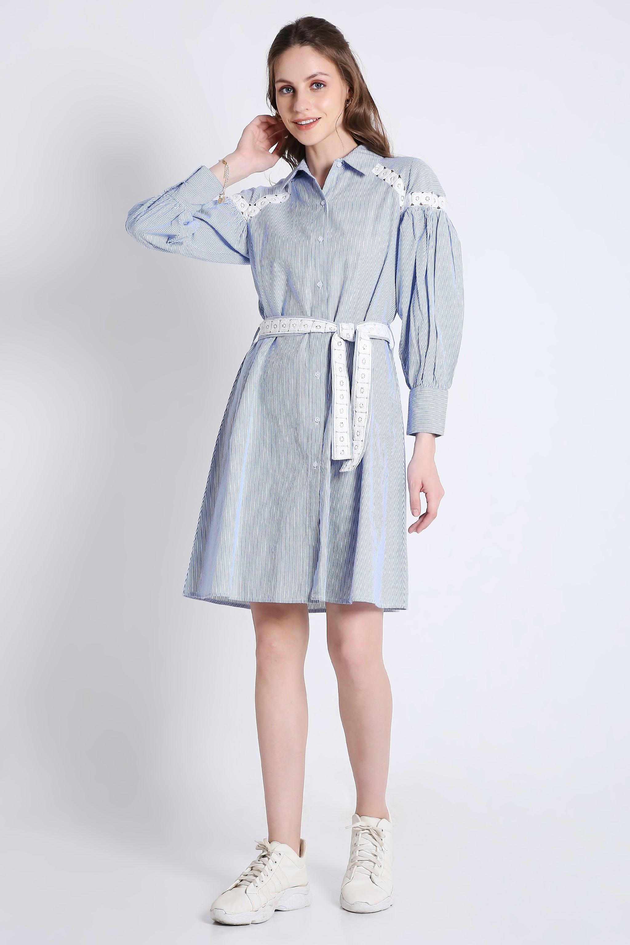 Short Shirt Dress in Stripes with Long Sleeves & Lace Detail FRENCH THEORY