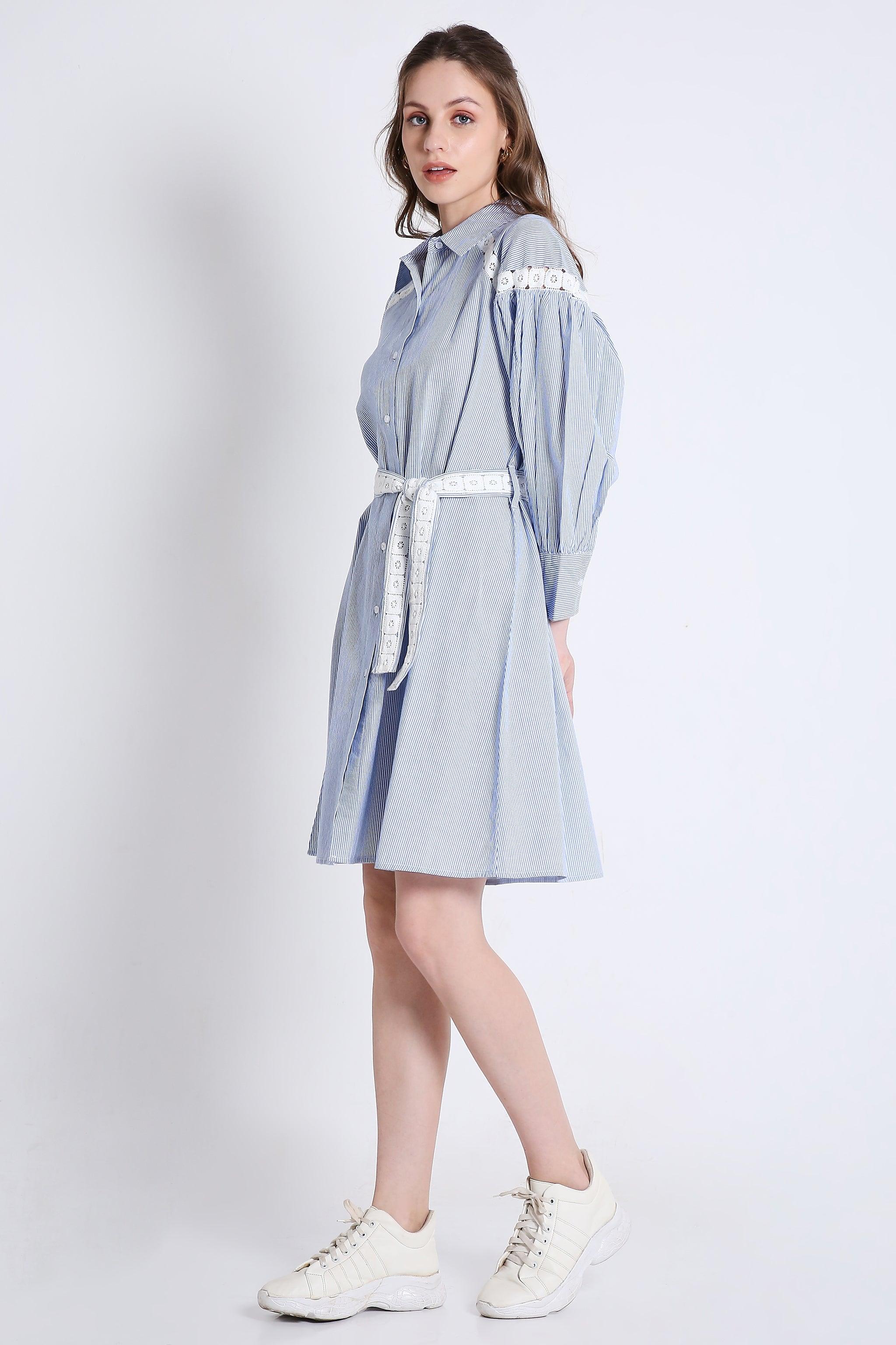 Short Shirt Dress in Stripes with Long Sleeves & Lace Detail FRENCH THEORY
