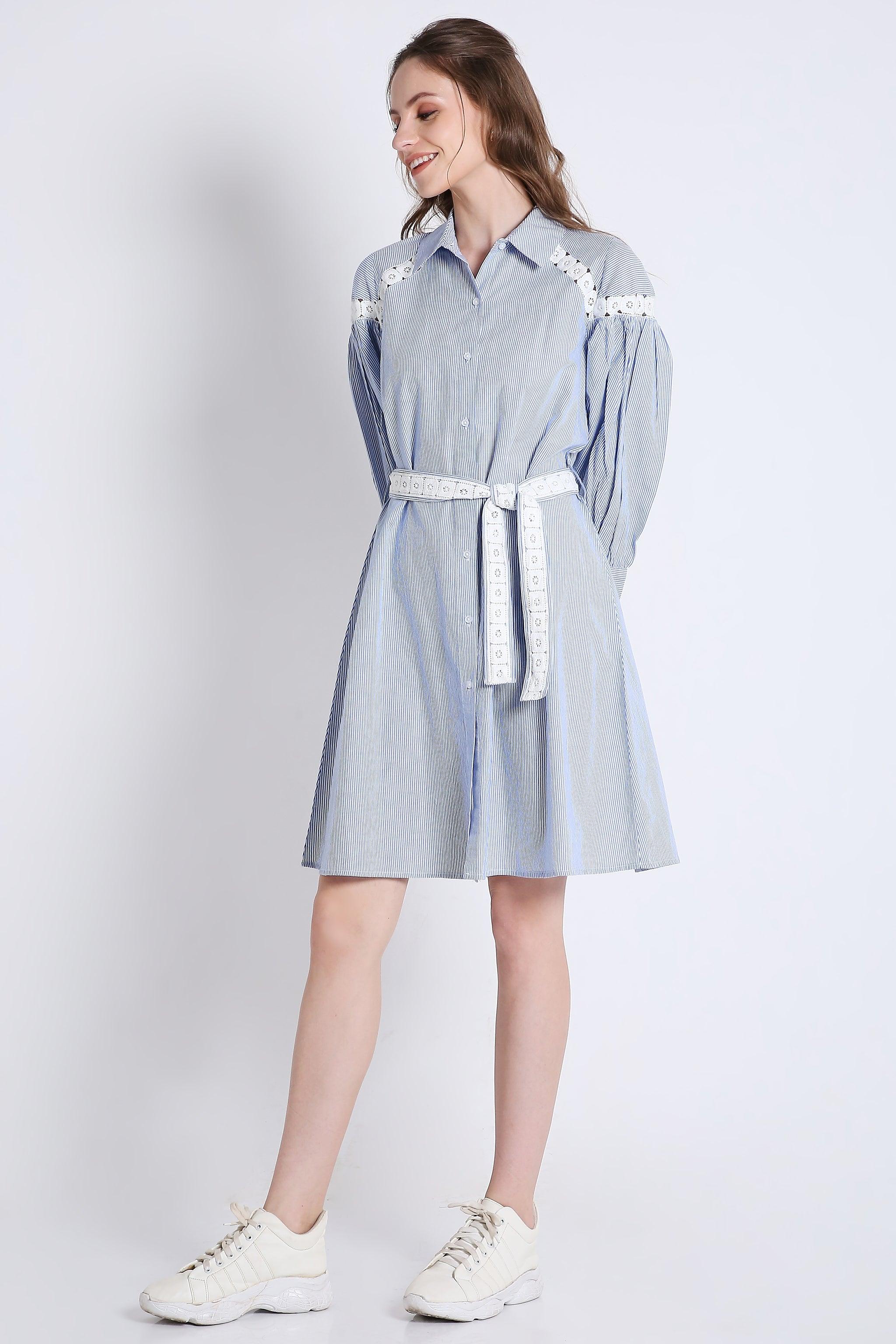 Short Shirt Dress in Stripes with Long Sleeves & Lace Detail FRENCH THEORY