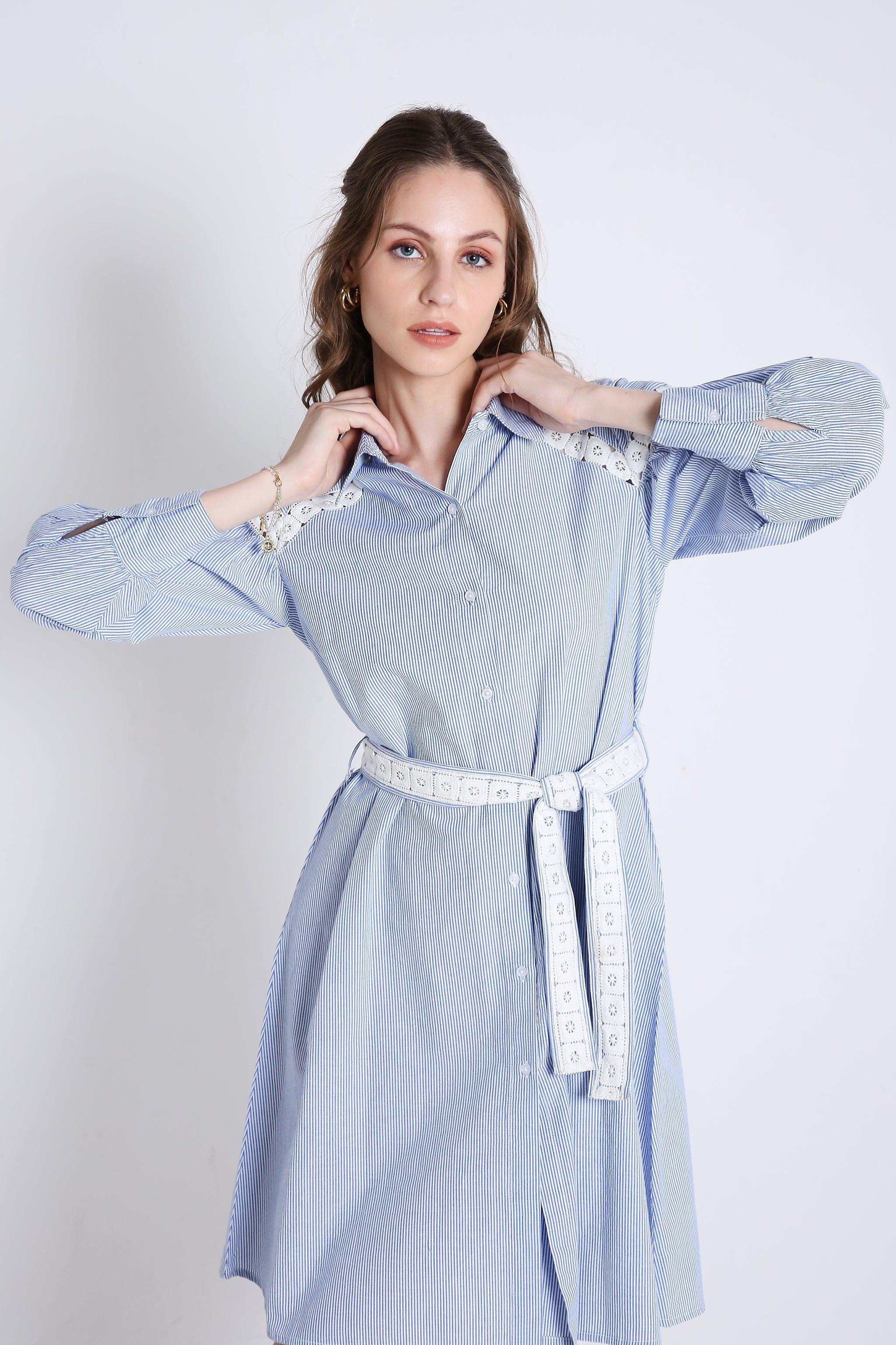 Short Shirt Dress in Stripes with Long Sleeves & Lace Detail FRENCH THEORY