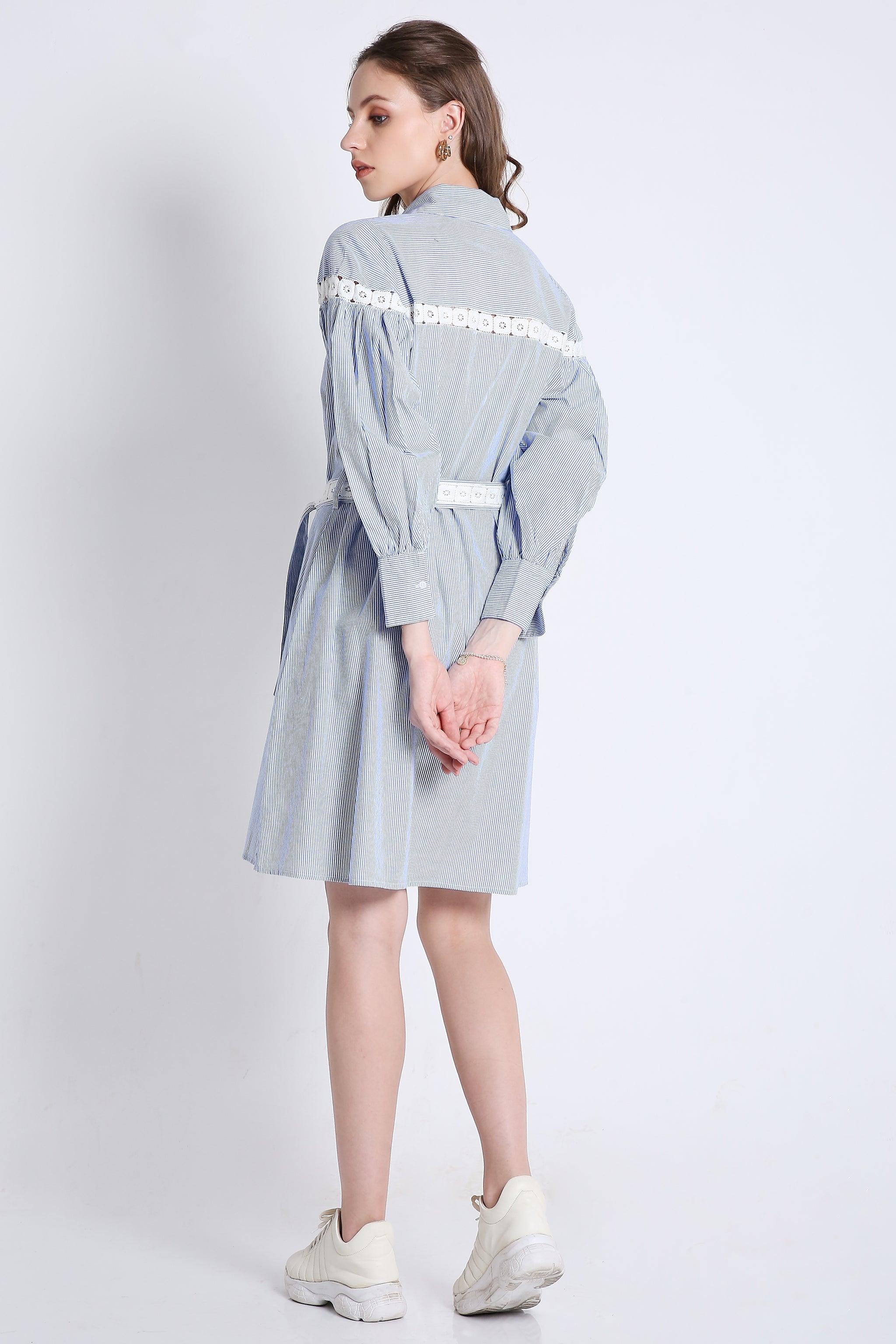 Short Shirt Dress in Stripes with Long Sleeves & Lace Detail FRENCH THEORY