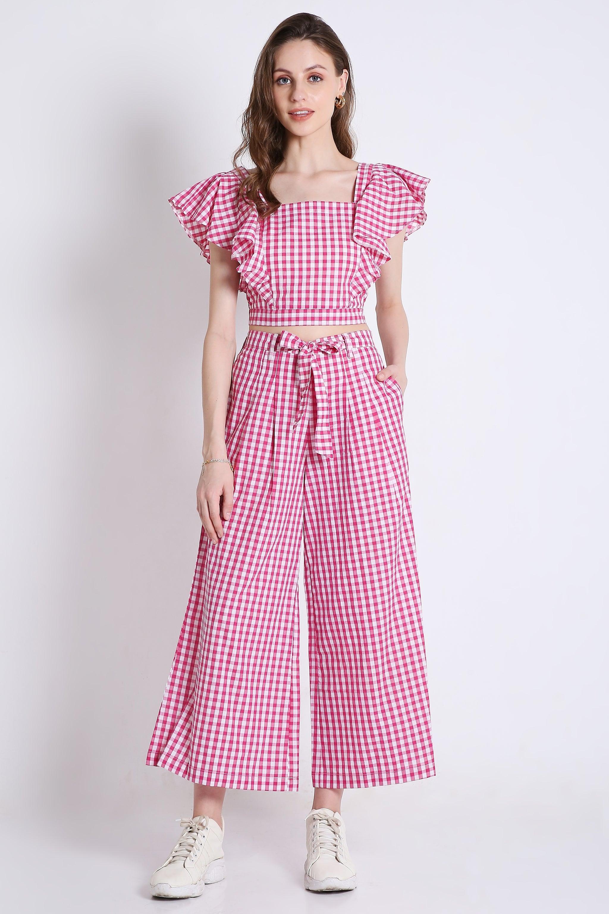Pink Checks Frilled Crop Top FRENCH THEORY