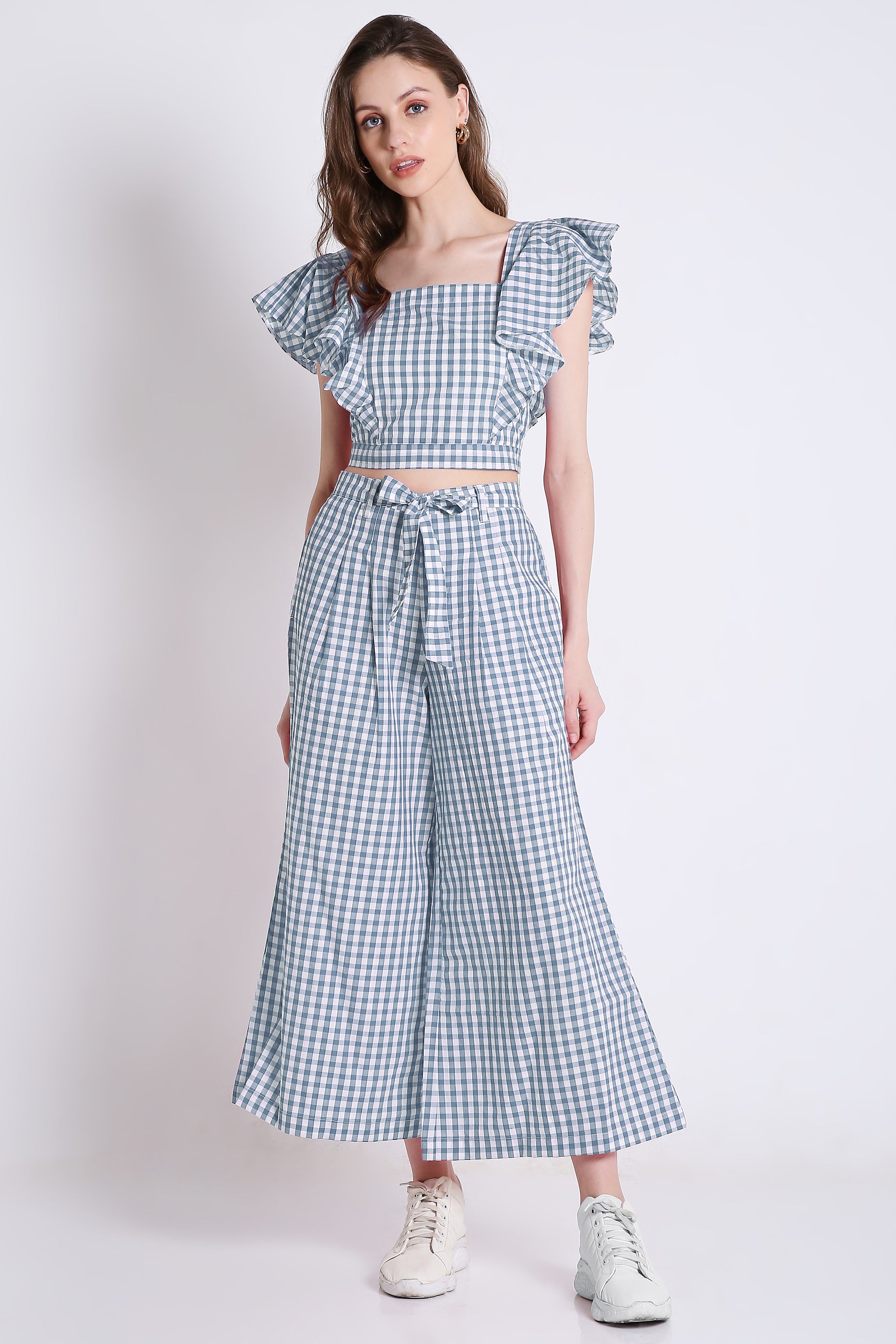 Frilled Sleeves With Checks Sky Blue Crop Top