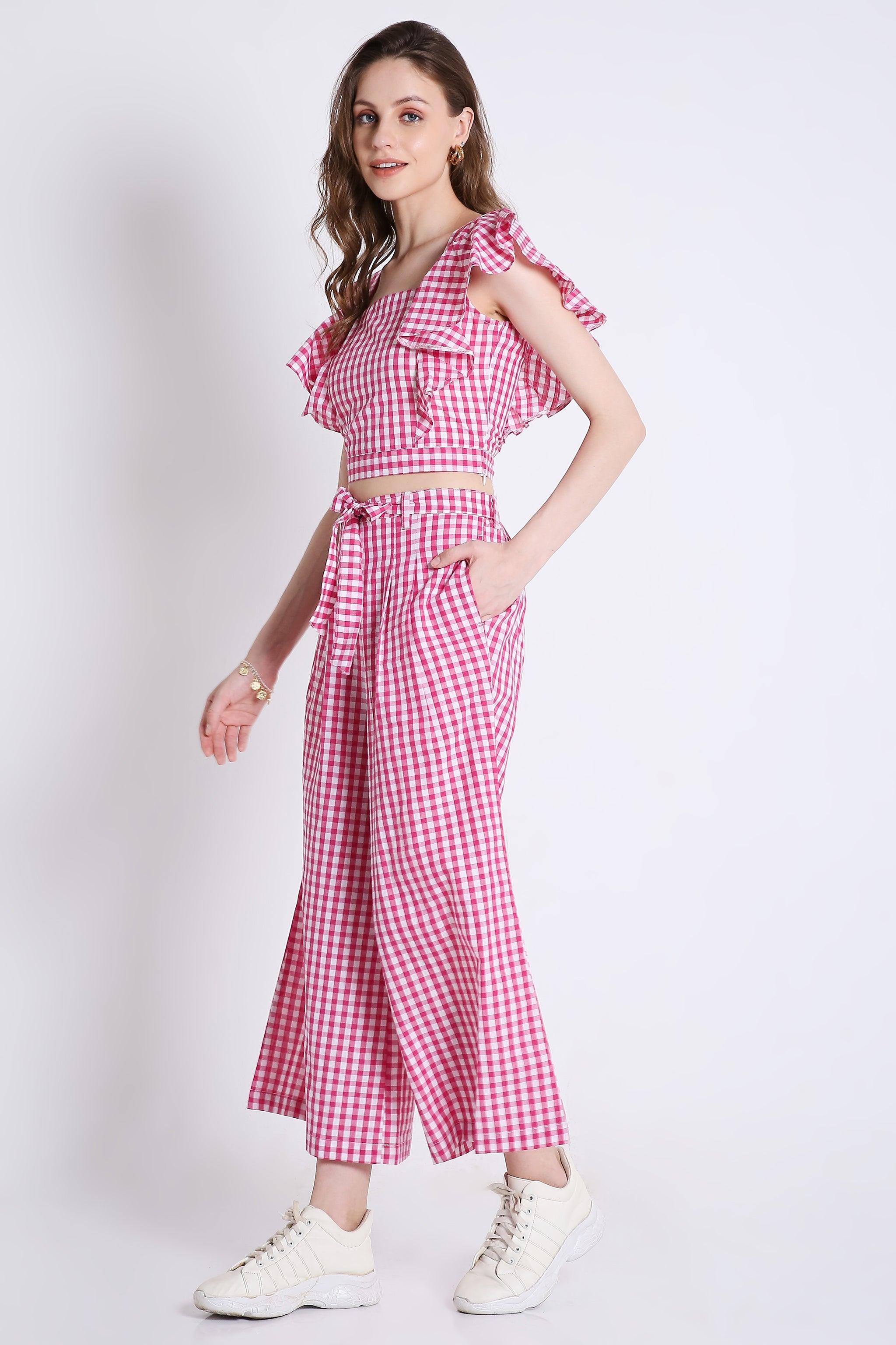 Pink Checks Frilled Crop Top FRENCH THEORY