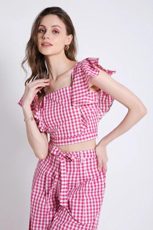 Pink Checks Frilled Crop Top FRENCH THEORY