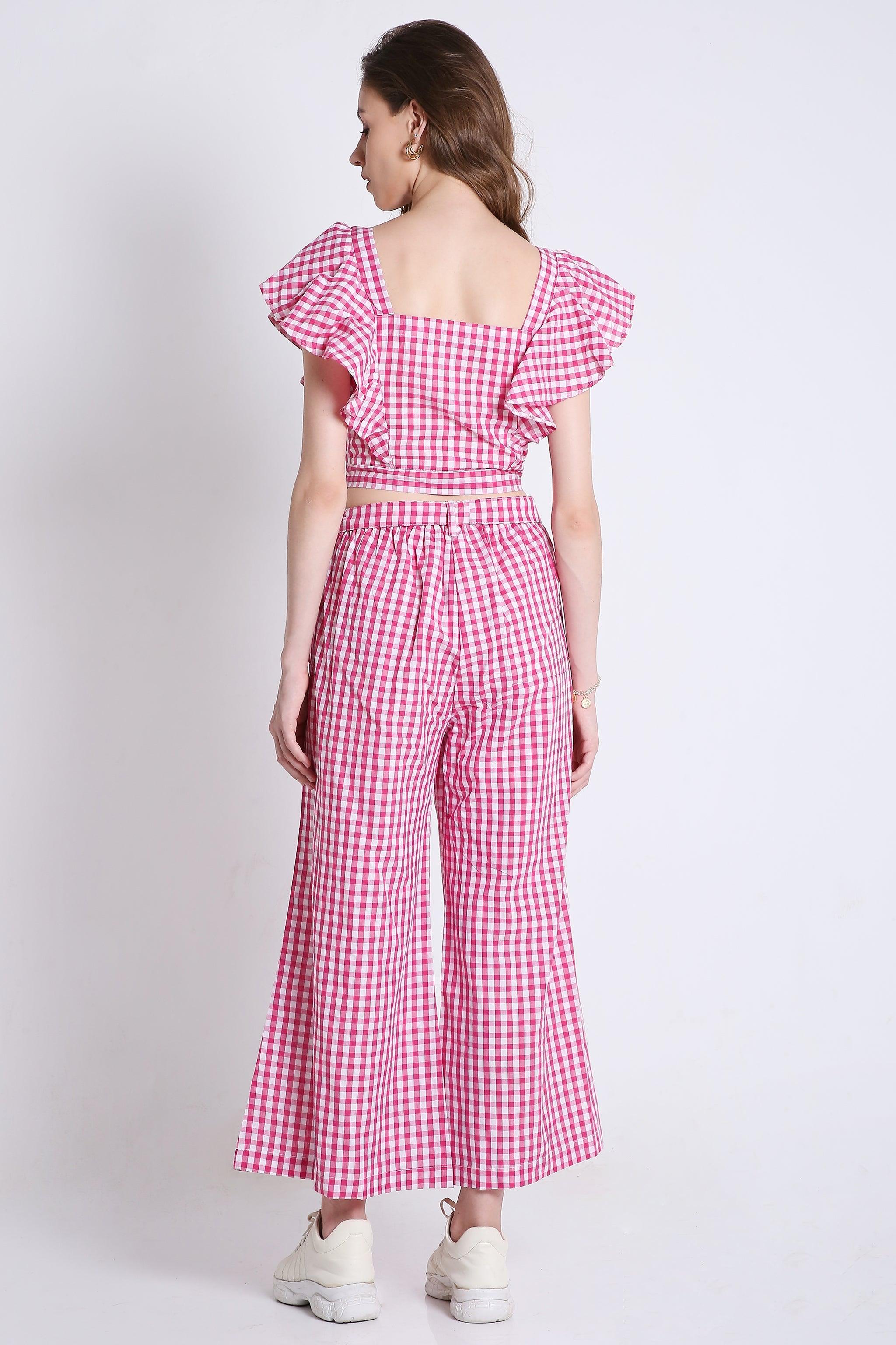 Pink Checks Frilled Crop Top FRENCH THEORY
