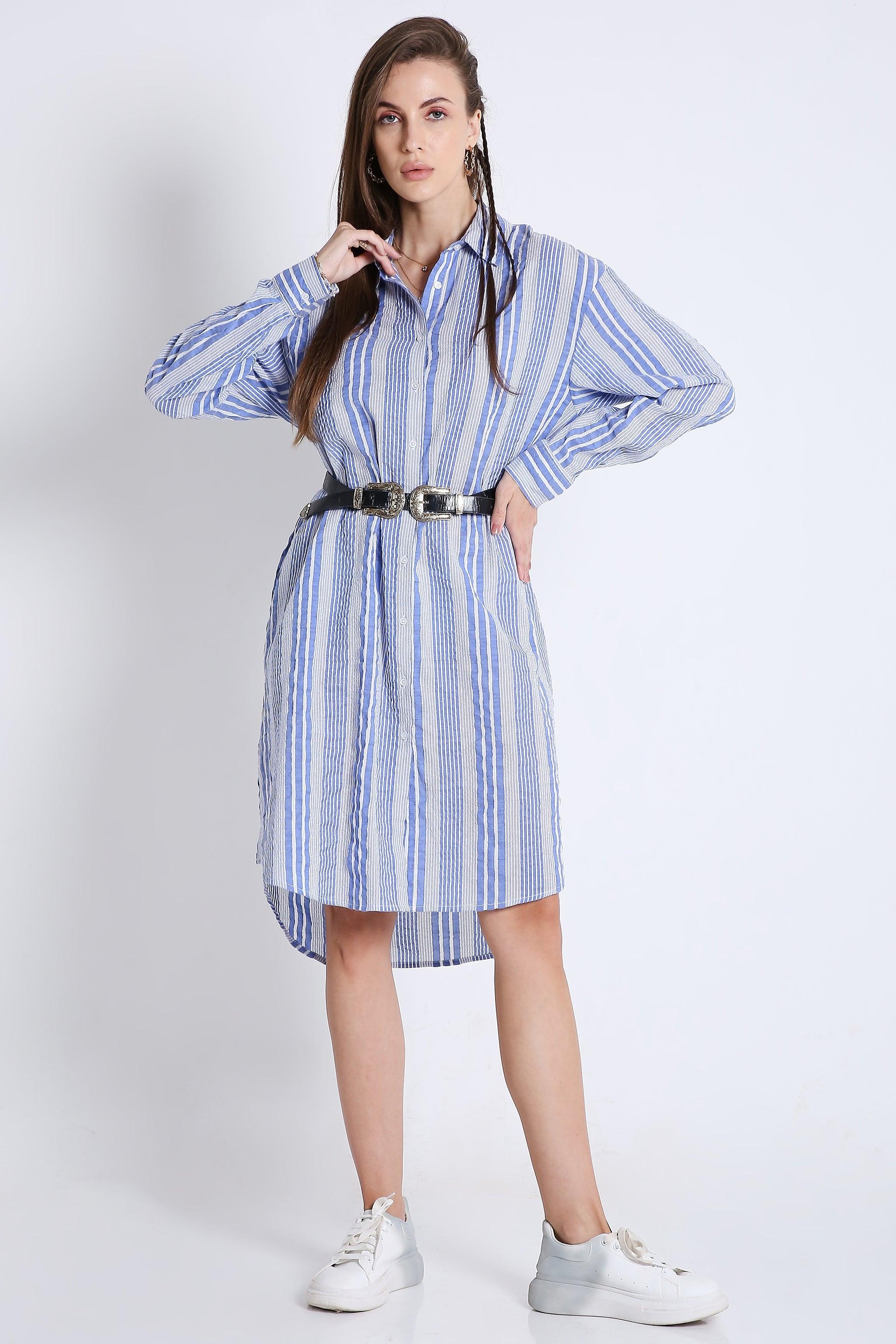 Short Long Shirt Dress in Crushed Stripes with Long Sleeves FRENCH THEORY