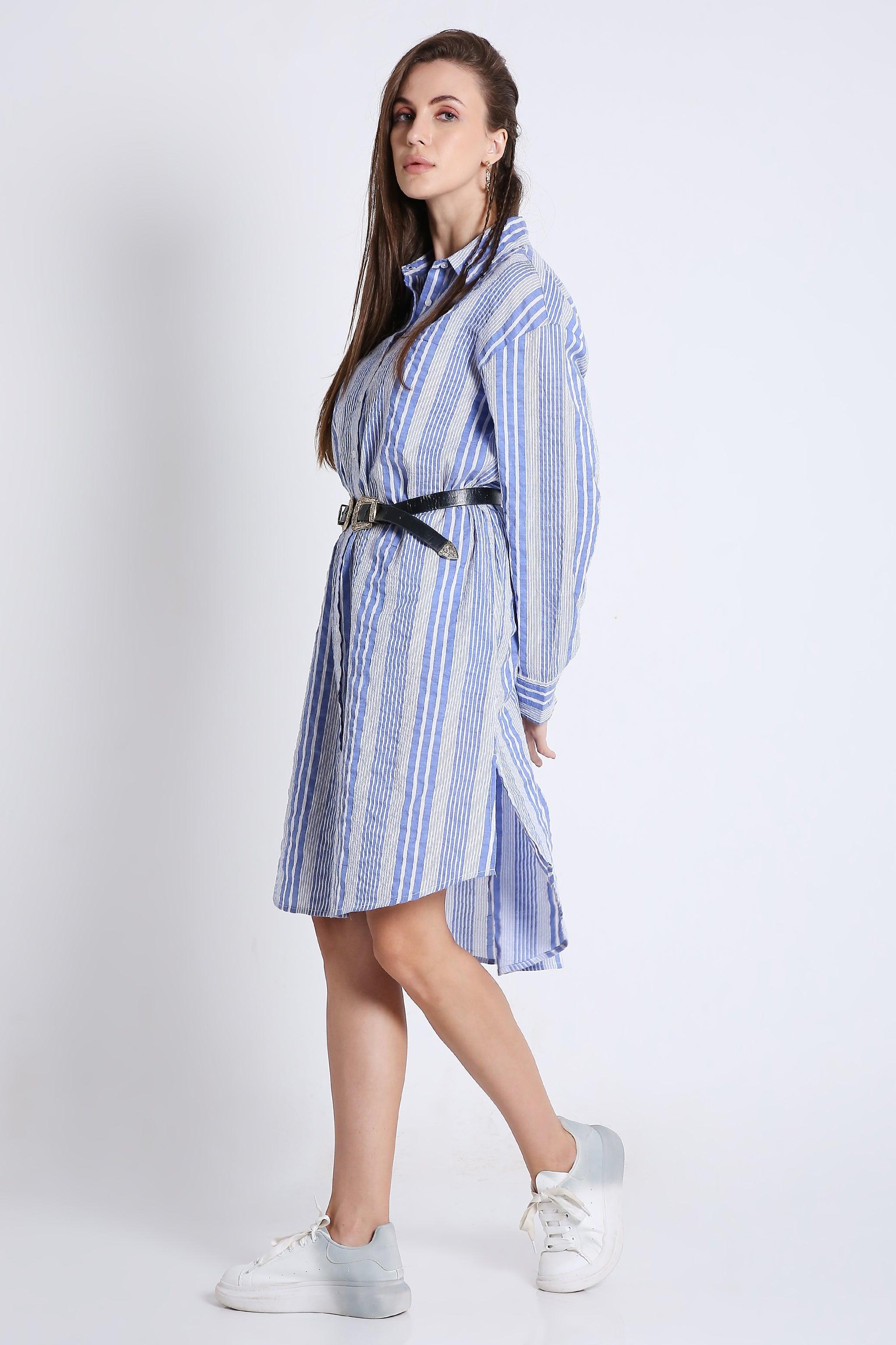 Short Long Shirt Dress in Crushed Stripes with Long Sleeves FRENCH THEORY