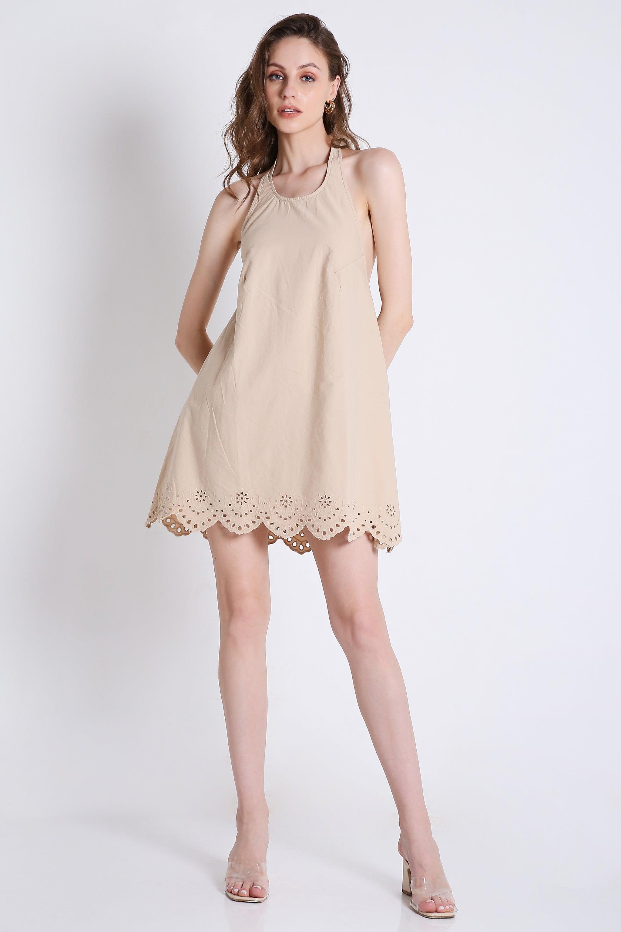 Halter Neck Schiffli Embroidery Detailed Border Dress FRENCH THEORY