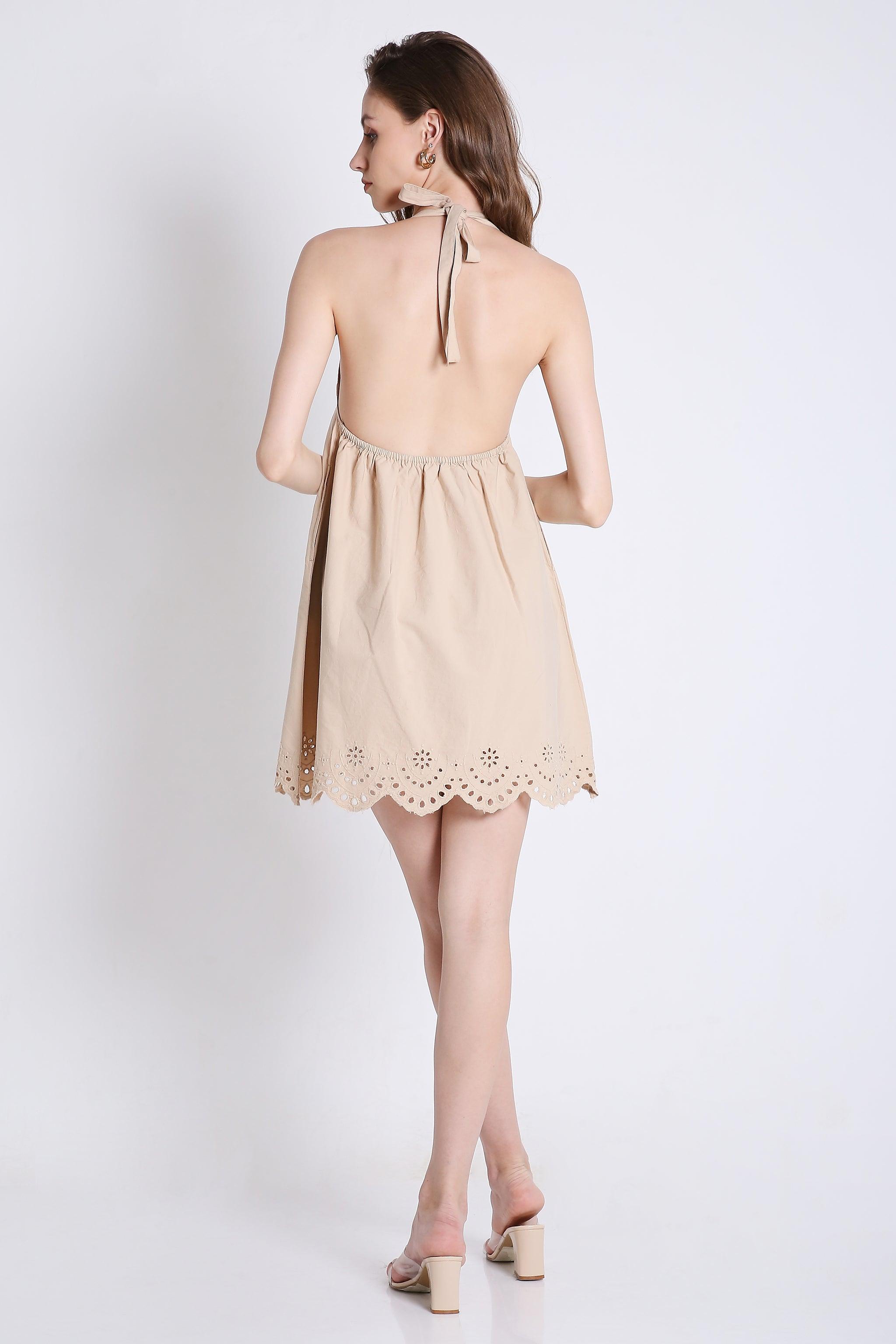 Halter Neck Schiffli Embroidery Detailed Border Dress FRENCH THEORY