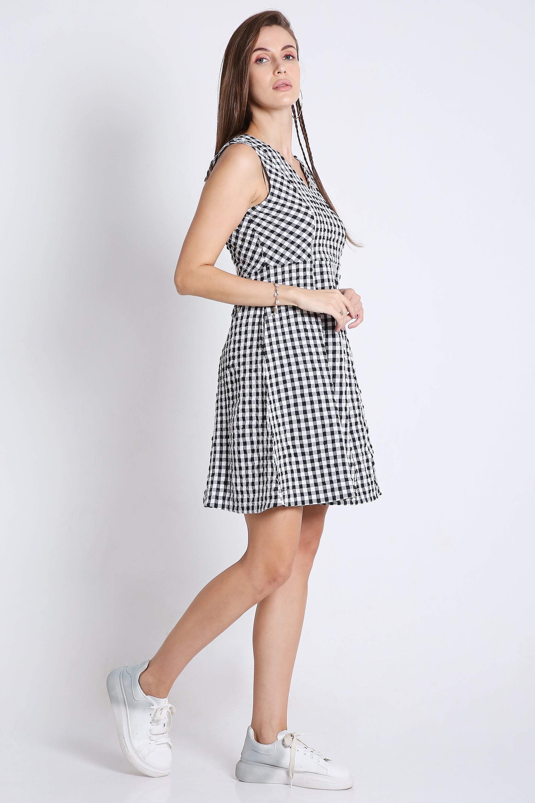 White & Black Checks Short Dress
