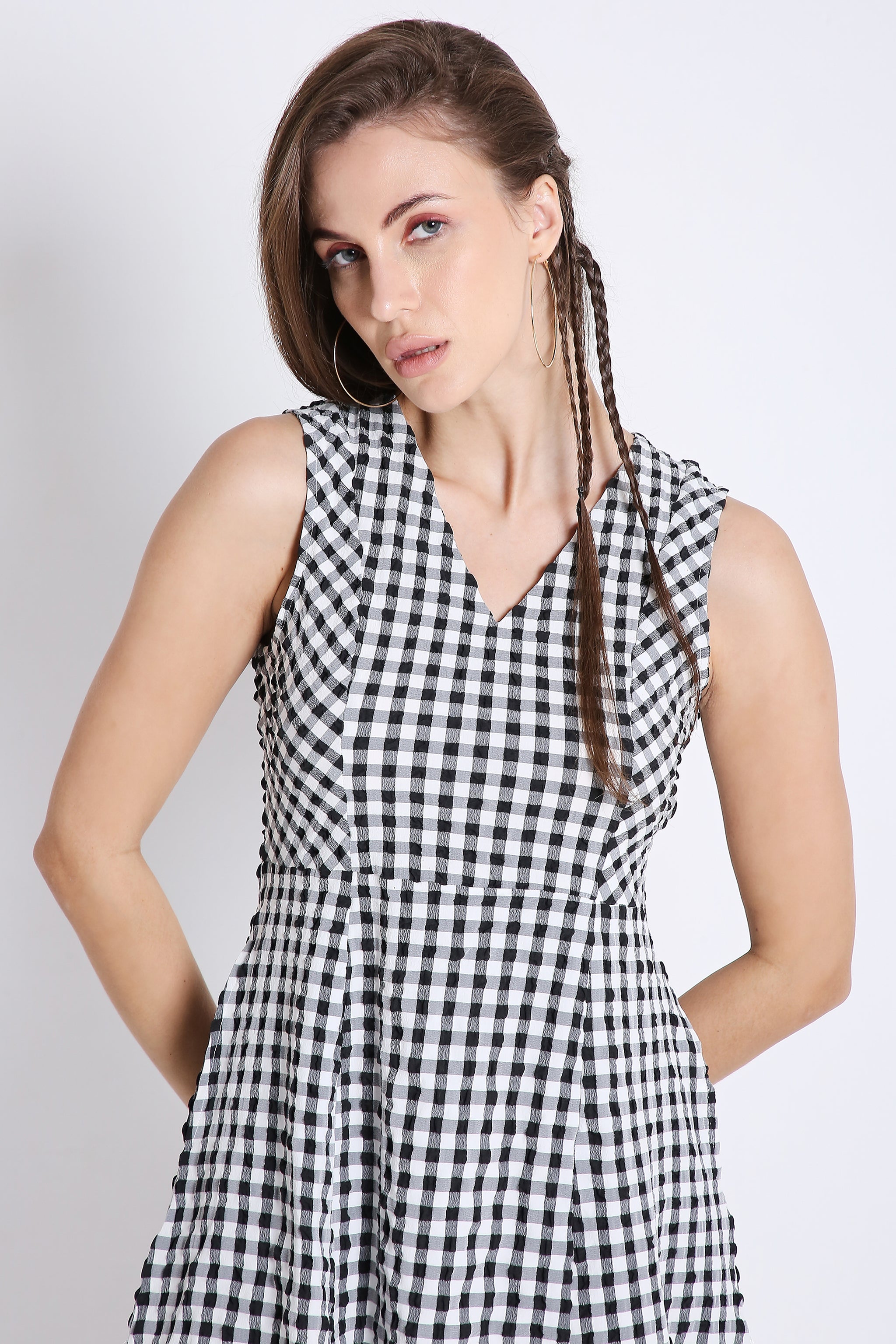 White & Black Checks Short Dress