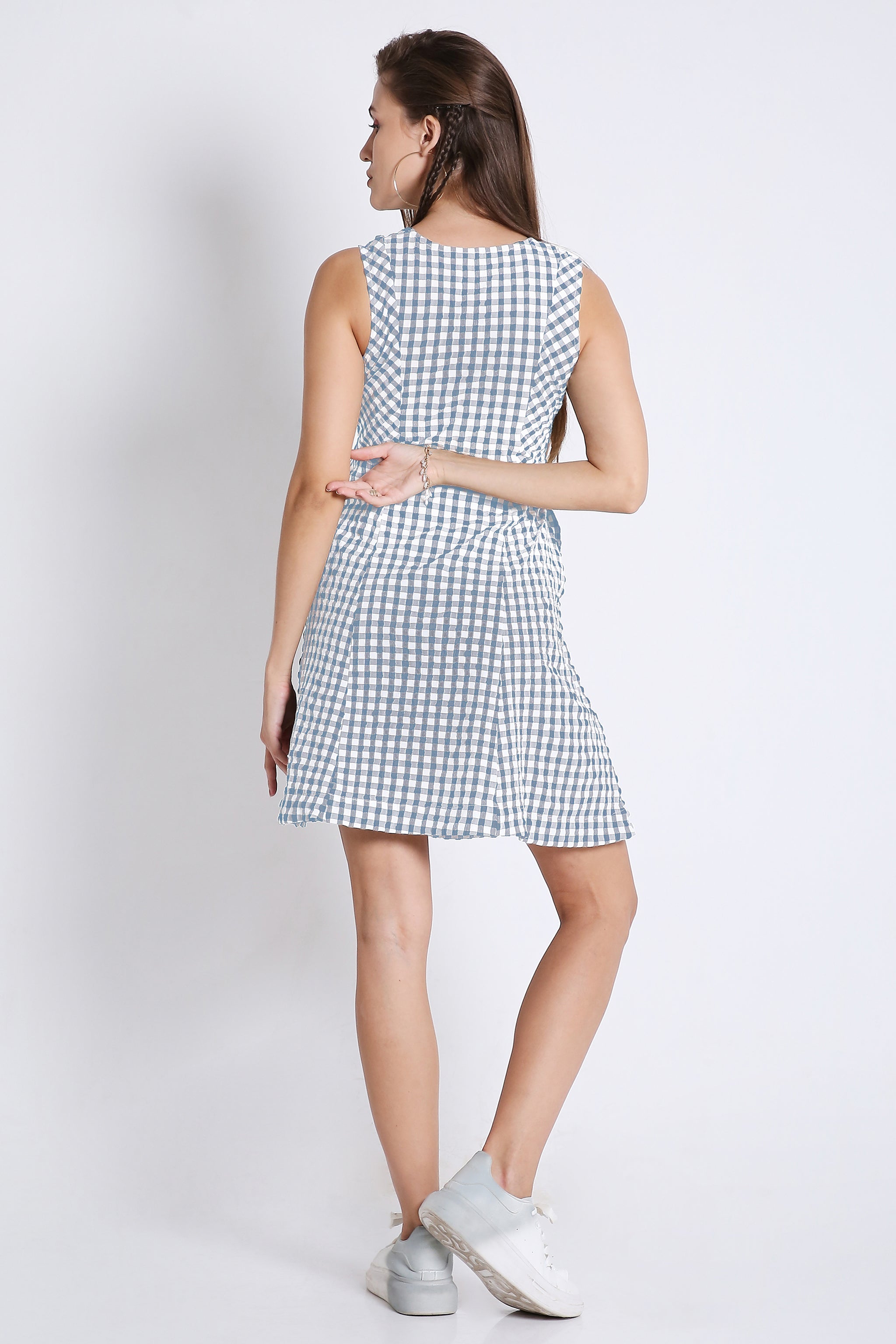 White & Navy Blue Checks Short Dress