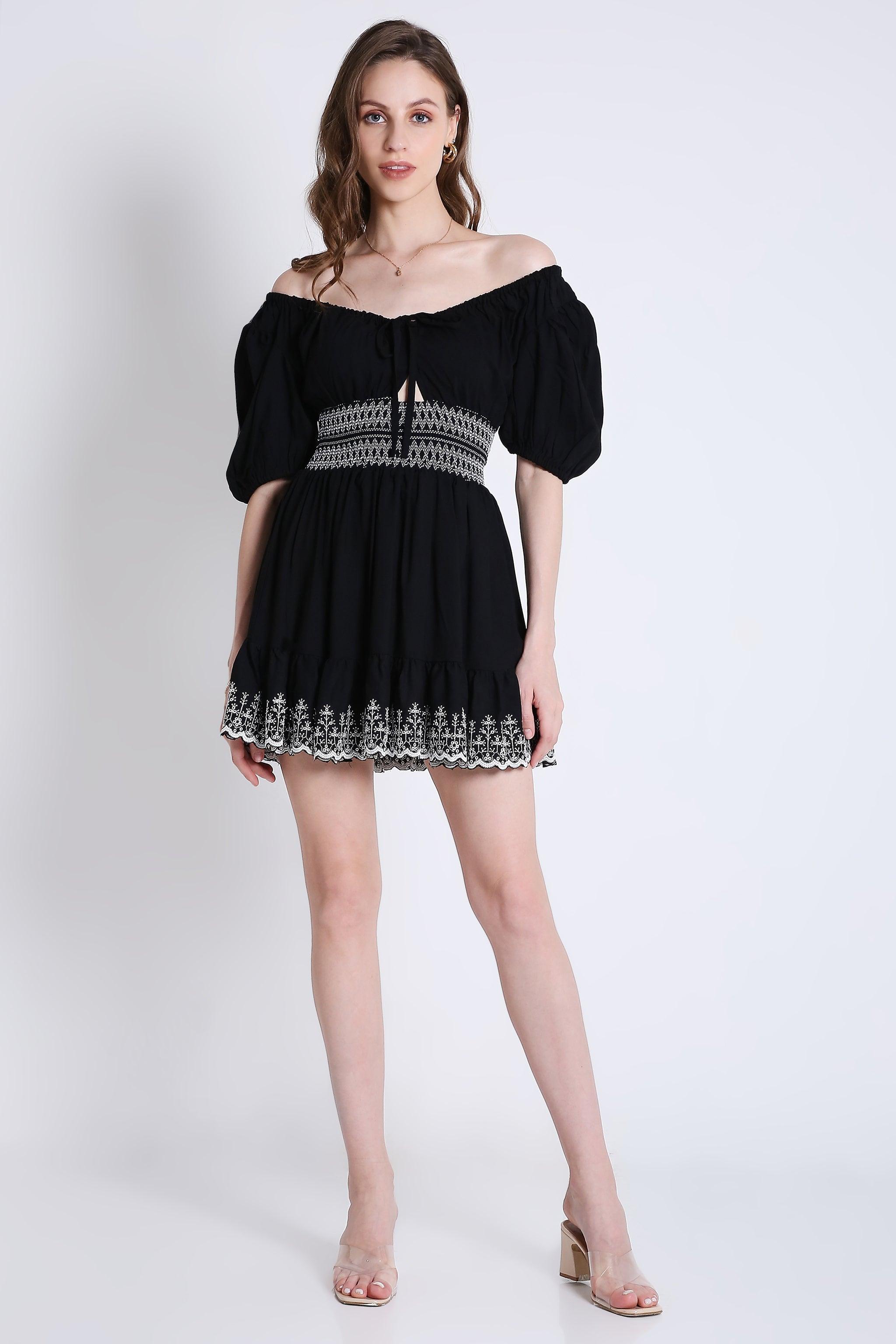 Peasant Neck Flared Short Dress with Contrast Embroidery Detail - FRENCH THEORY