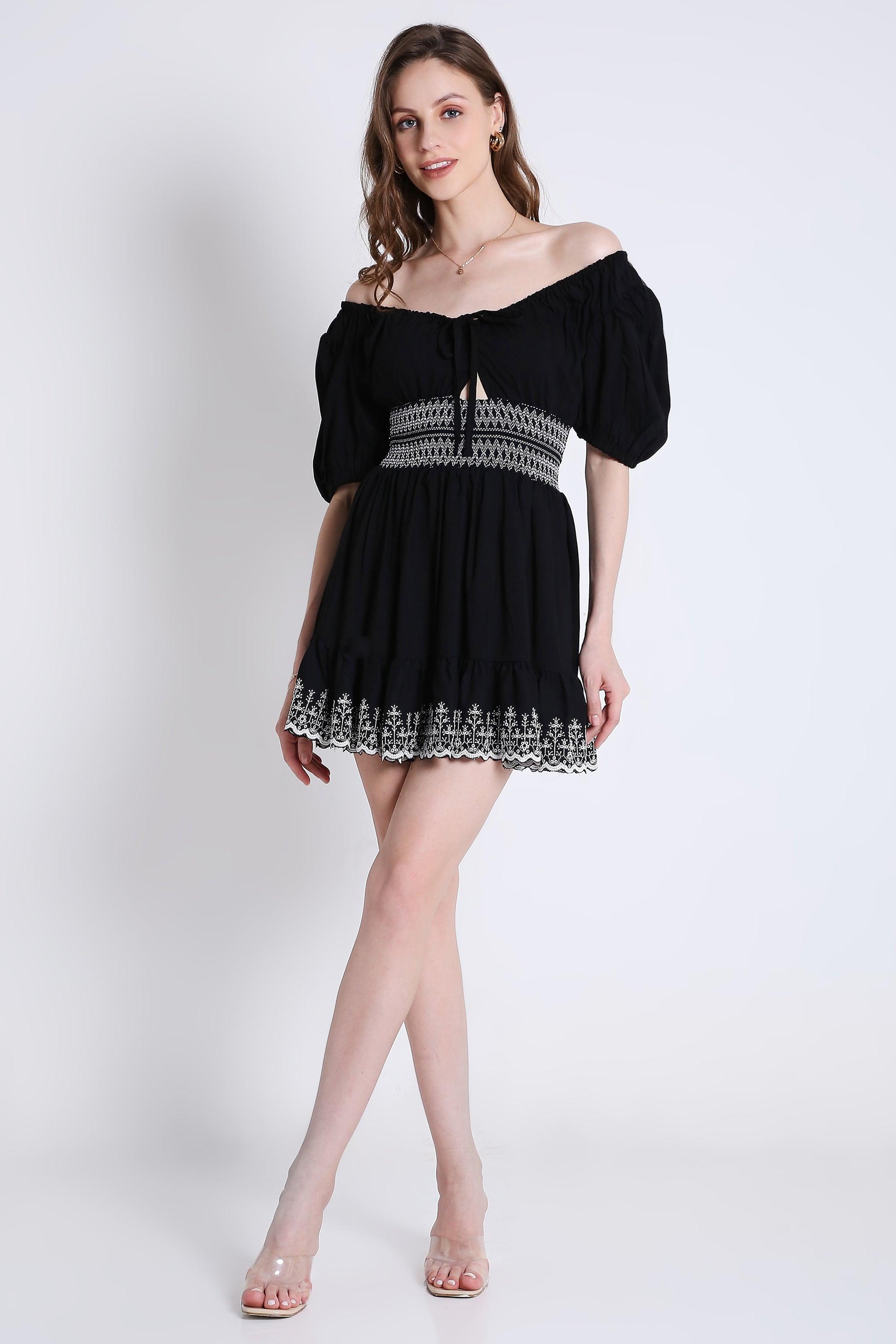 Peasant Neck Flared Dress with Contrast Embroidery Detail FRENCH THEORY