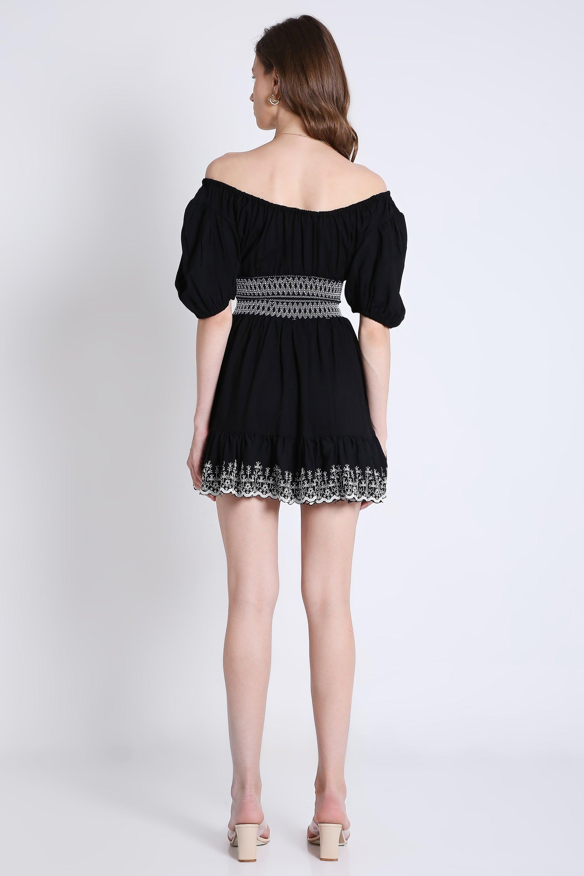 Peasant Neck Flared Dress with Contrast Embroidery Detail FRENCH THEORY