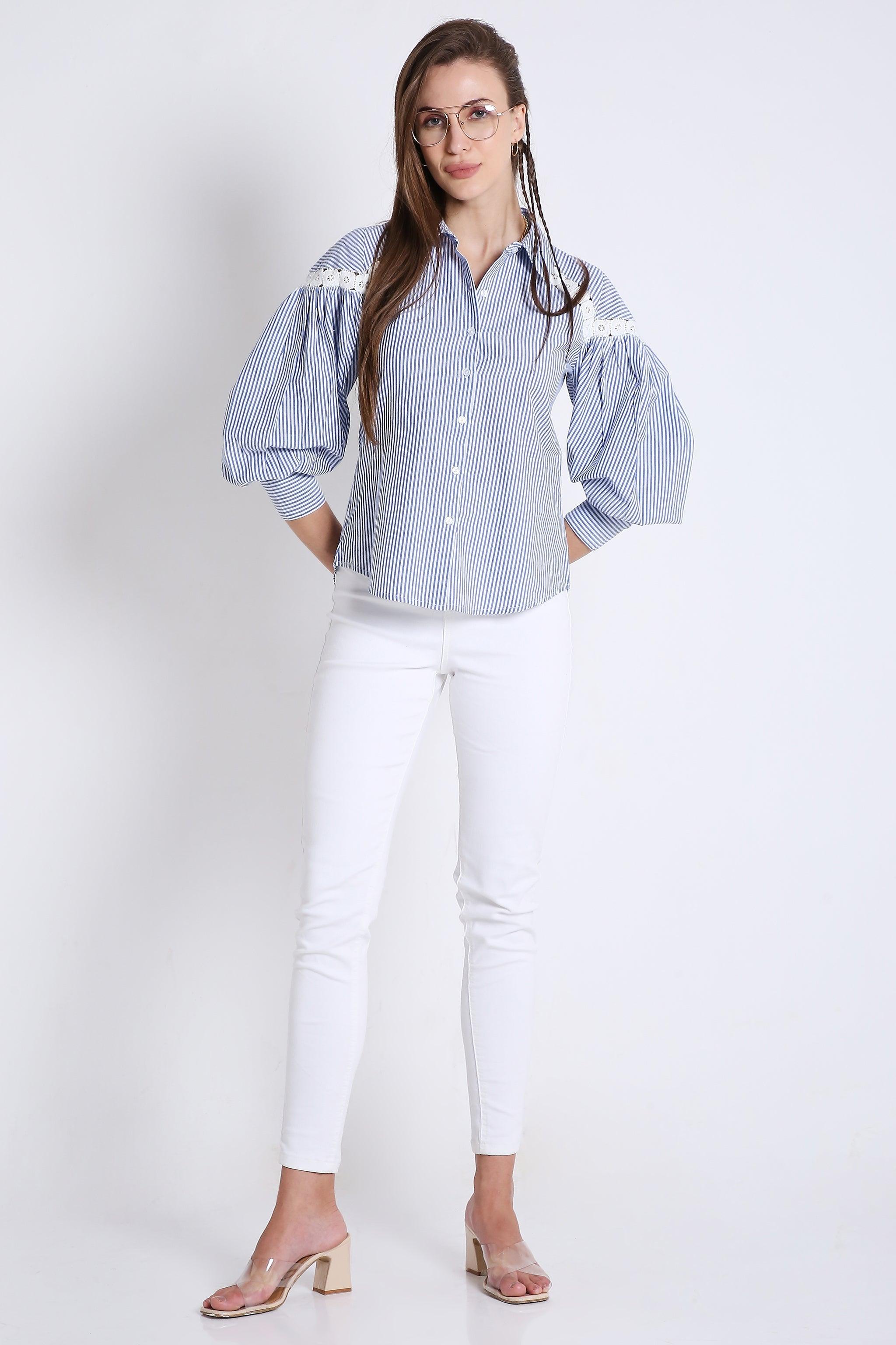 Cotton Stripes Shirt with Balloon Sleeve & Lace Detail FRENCH THEORY