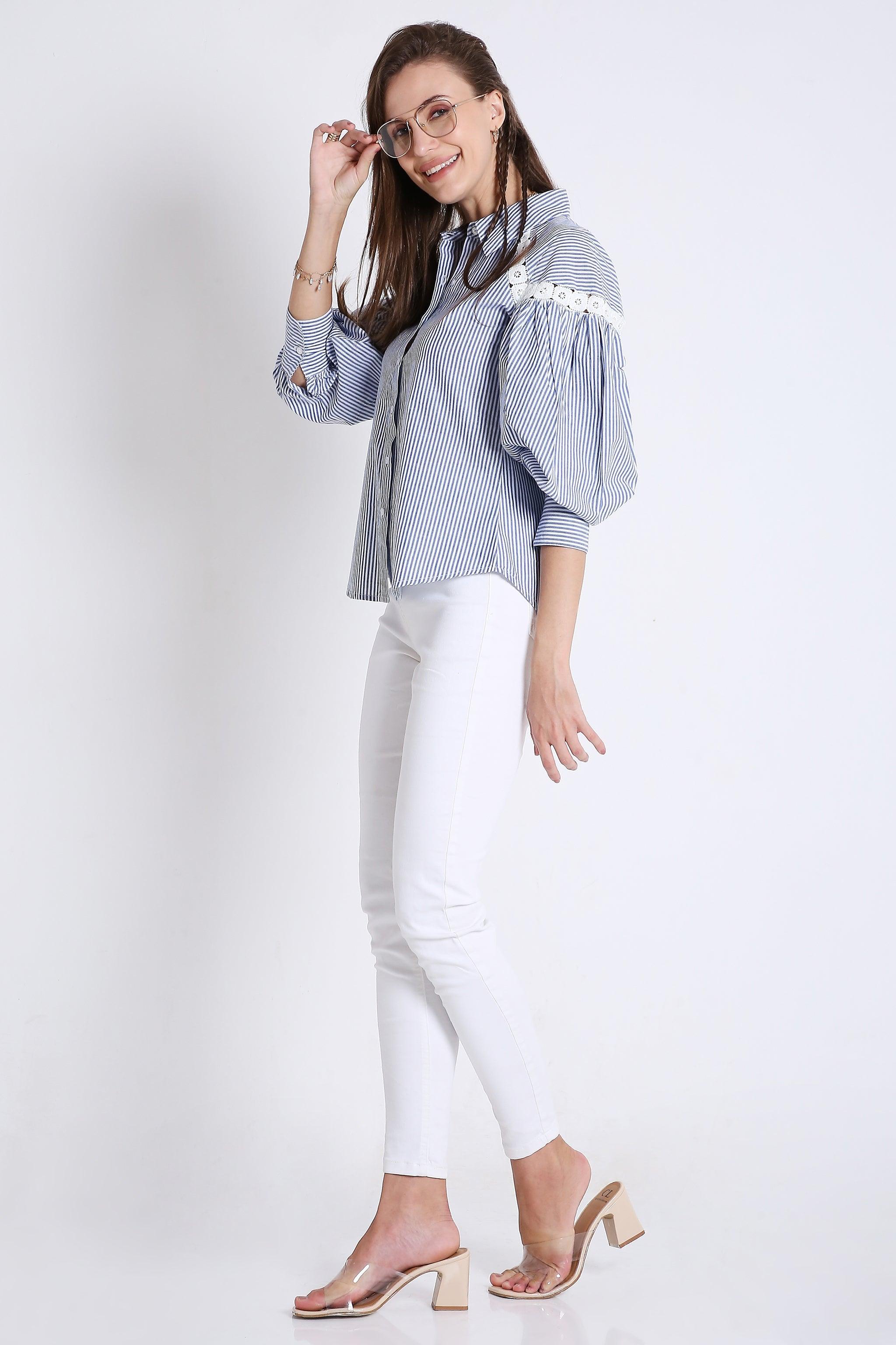 Cotton Stripes Shirt with Balloon Sleeve & Lace Detail FRENCH THEORY