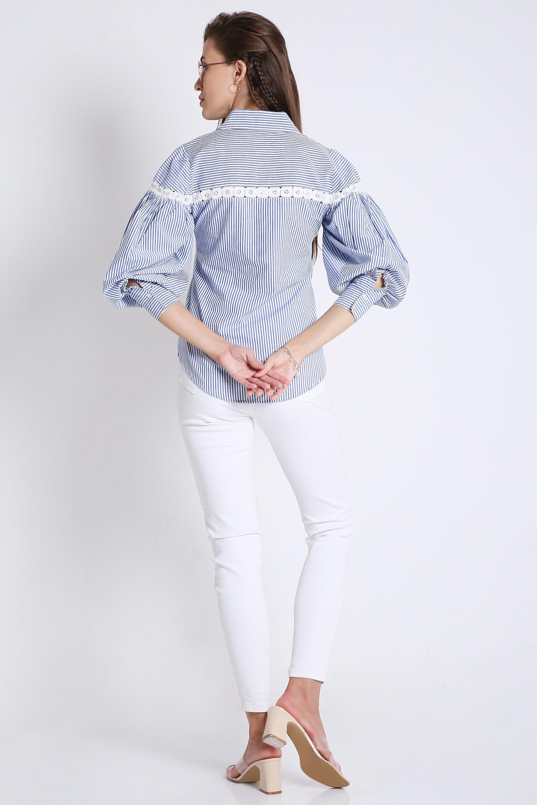 Cotton Stripes Shirt with Balloon Sleeve & Lace Detail FRENCH THEORY